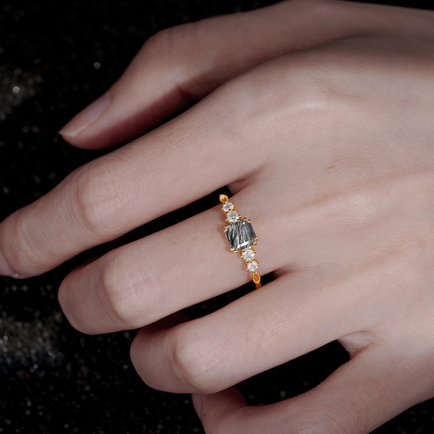 Classic Princess Cut Side Accent Solitaire Black Rutilated Quartz Engagement Ring