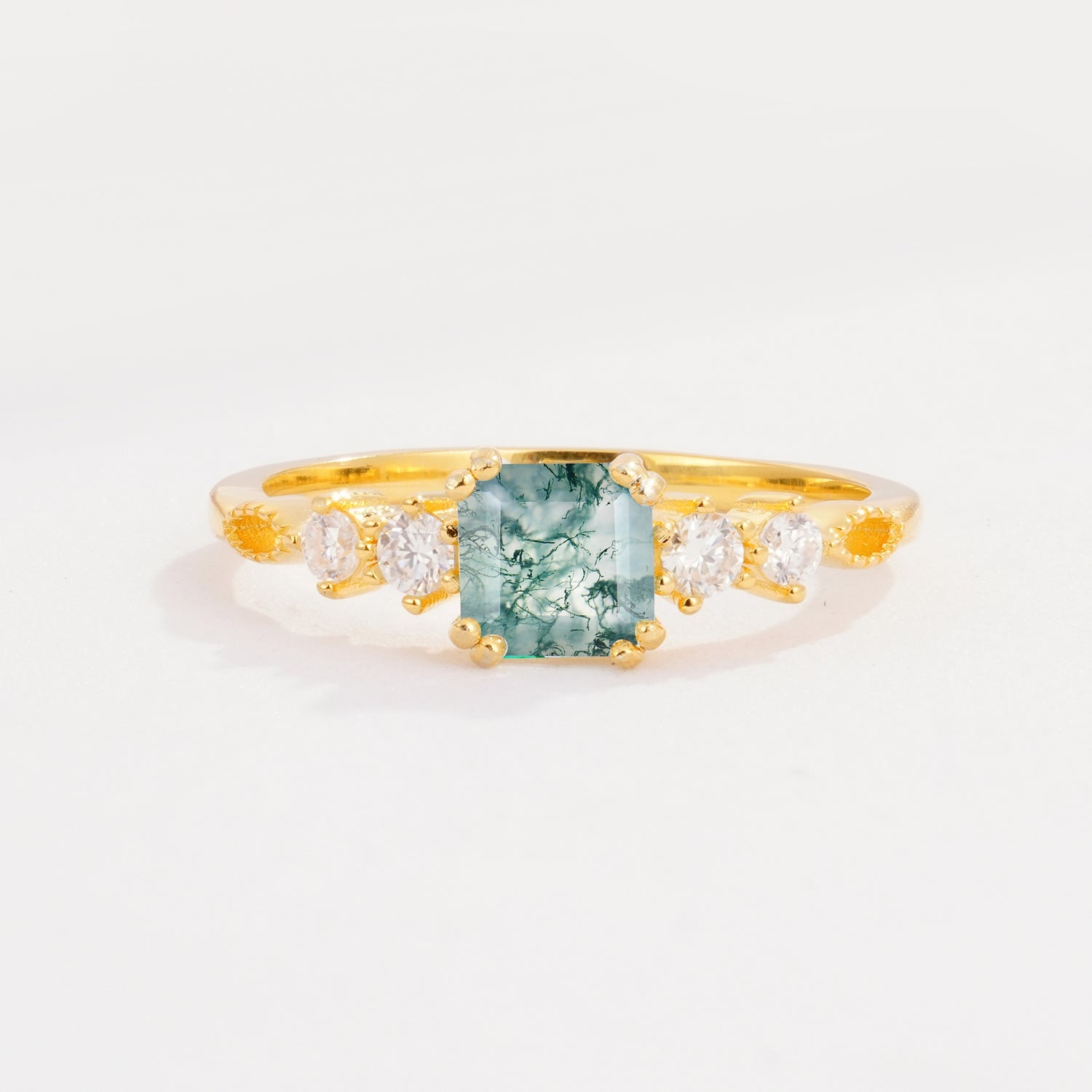 Classic Asscher Cut Side Accent Solitaire Moss Agate Engagement Ring - Additional view