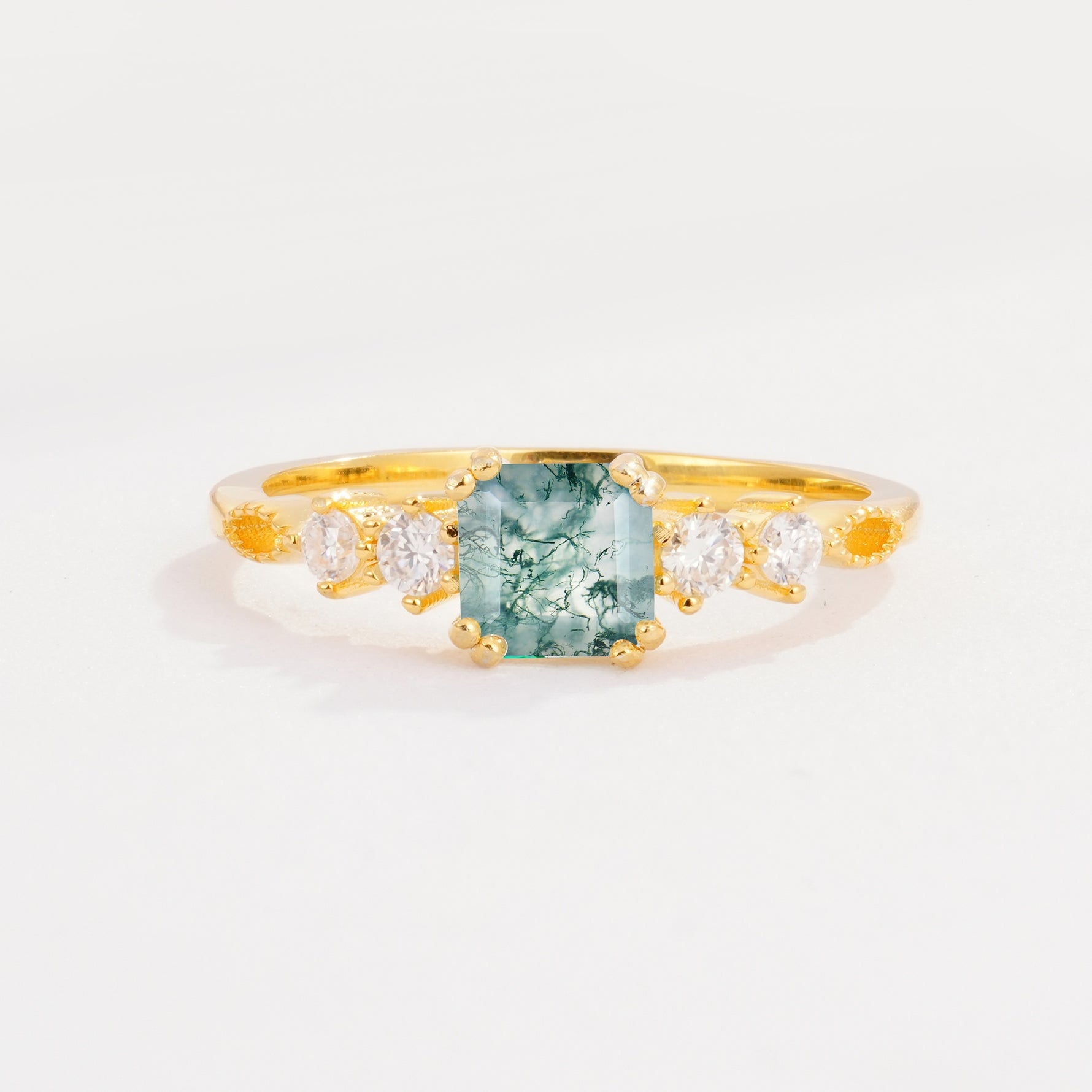 Classic Asscher Cut Side Accent Solitaire Moss Agate Engagement Ring - Additional view
