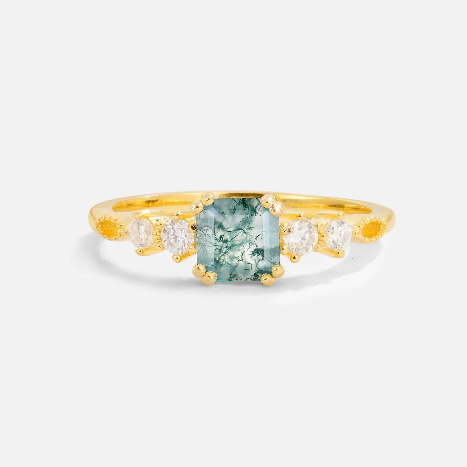 Classic Princess Cut Side Accent Solitaire Moss Agate Engagement Ring
