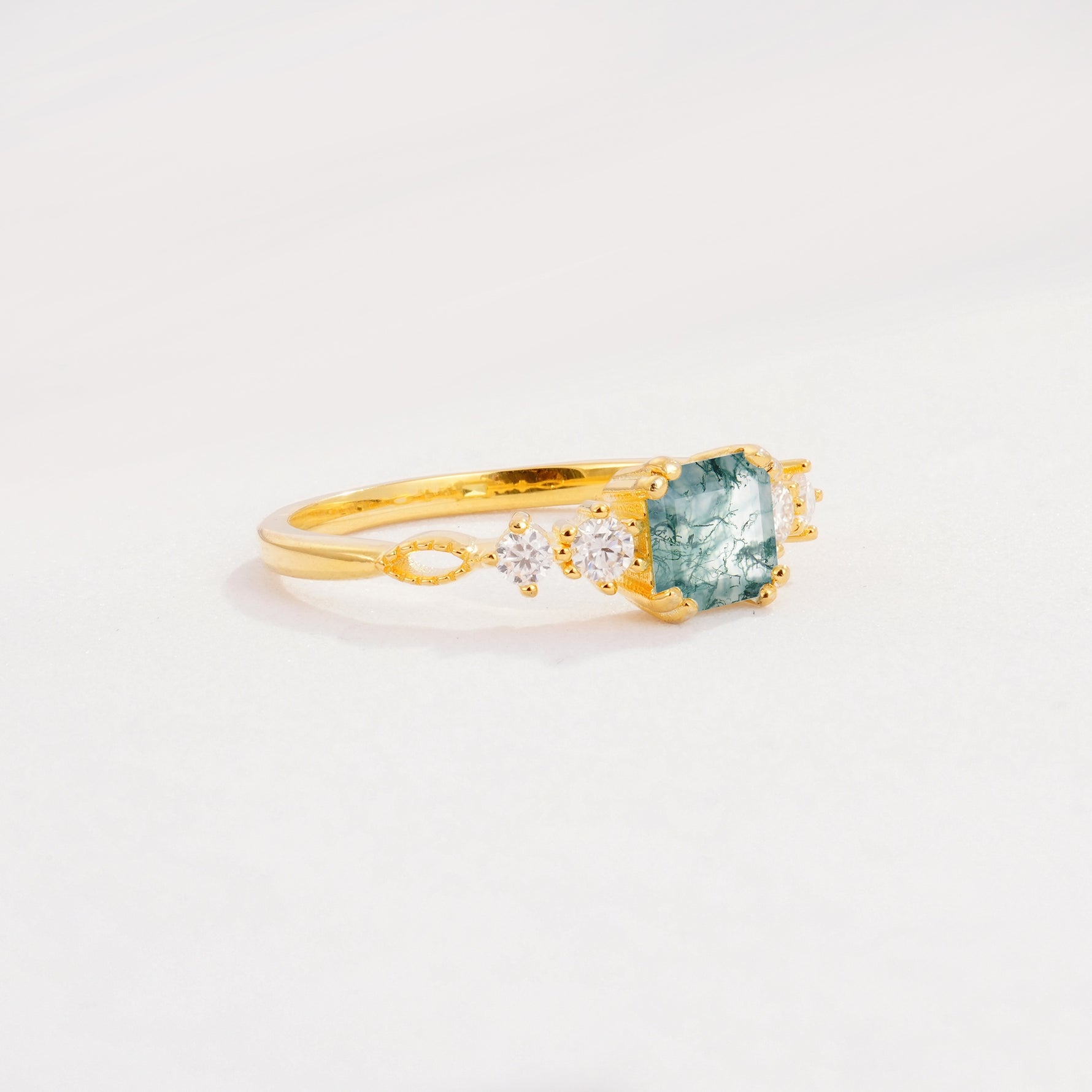 Classic Asscher Cut Side Accent Solitaire Moss Agate Engagement Ring - Additional view