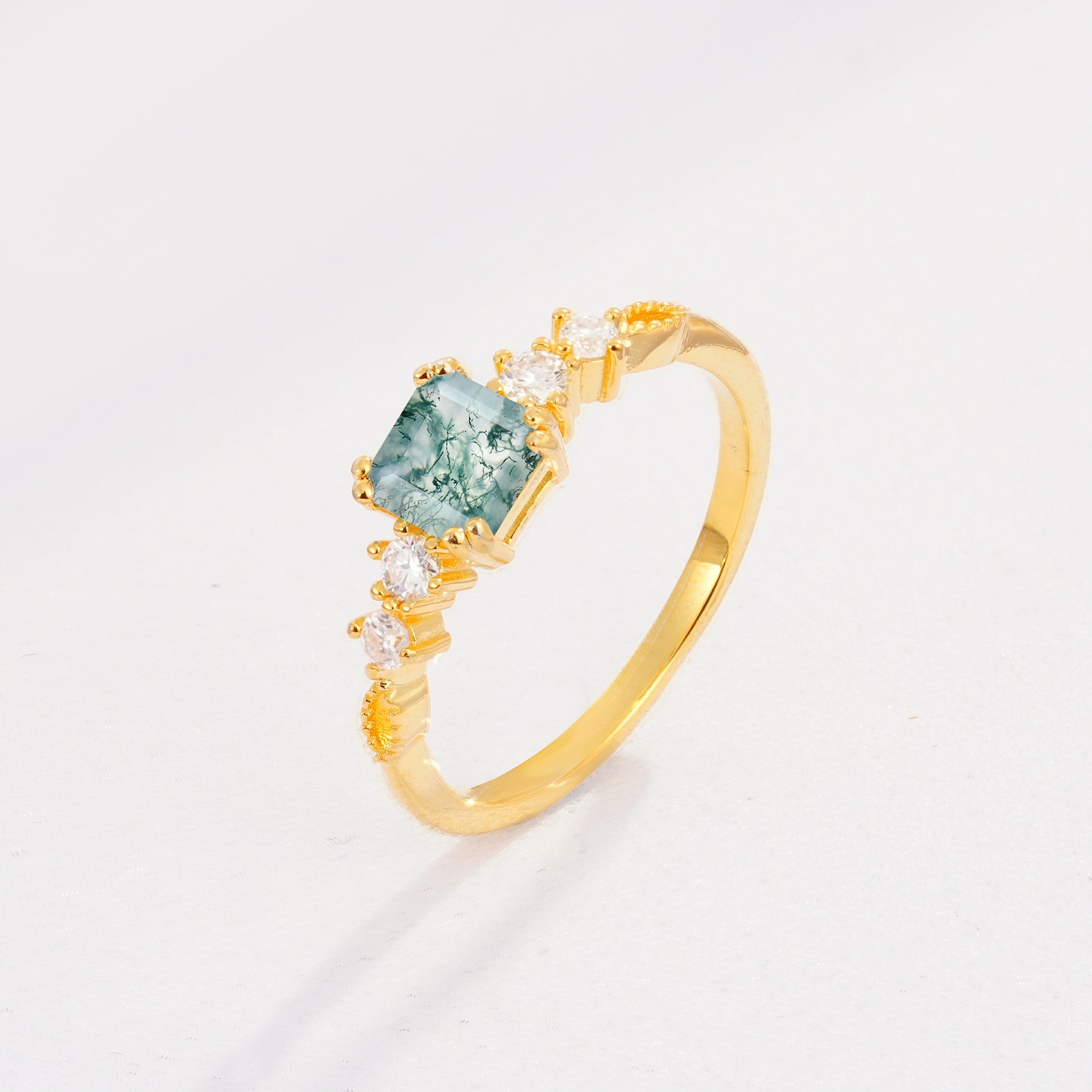 Classic Asscher Cut Side Accent Solitaire Moss Agate Engagement Ring - Additional view