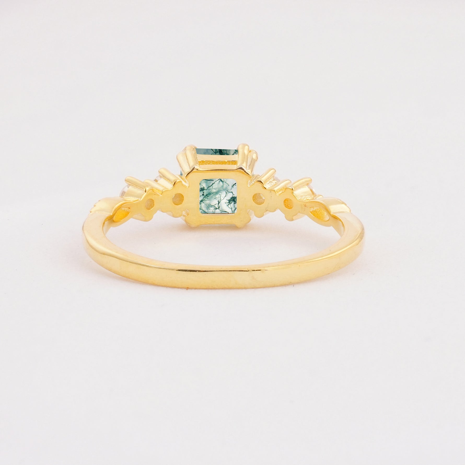 Classic Asscher Cut Side Accent Solitaire Moss Agate Engagement Ring - Additional view