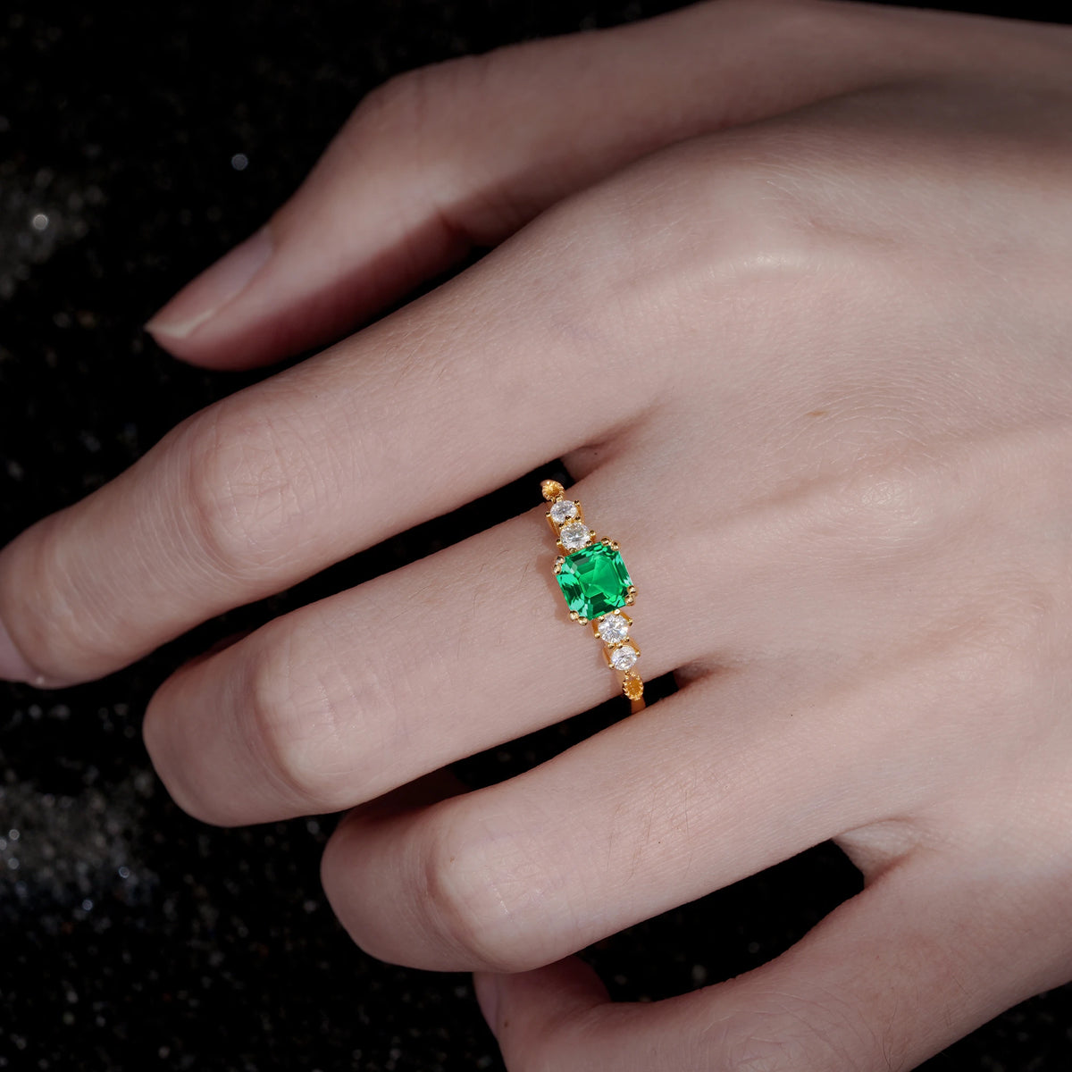 Classic Princess Cut Side Accent Solitaire Emerald Engagement Ring