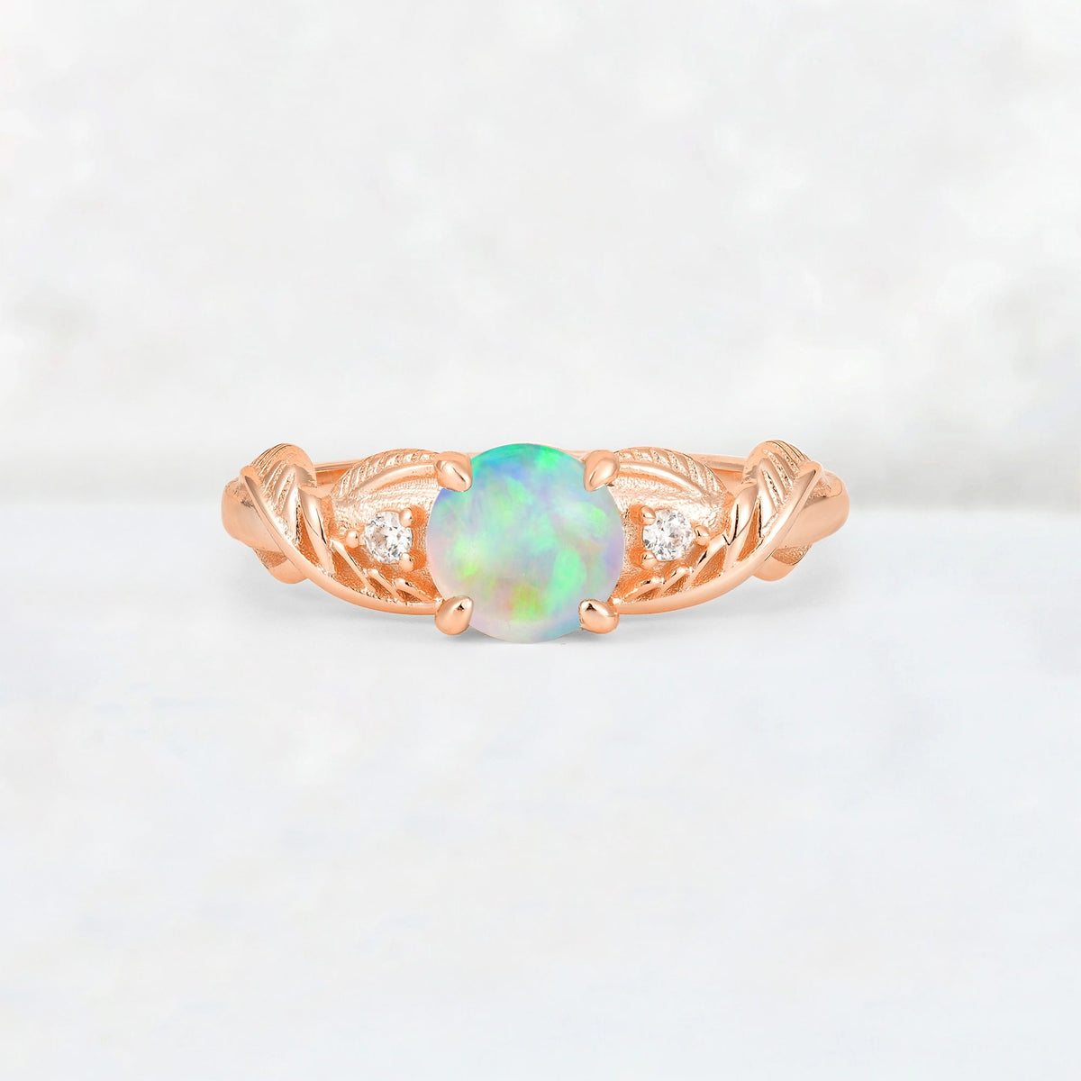 Round Cut Fire Opal Leaf Vine Twist Engagement Ring - Additional view