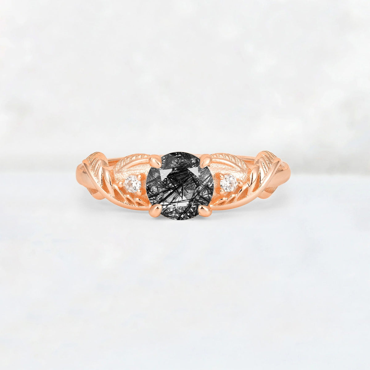 Round Cut Black Rutilated Quartz Leaf Vine Twist Engagement Ring - Additional view