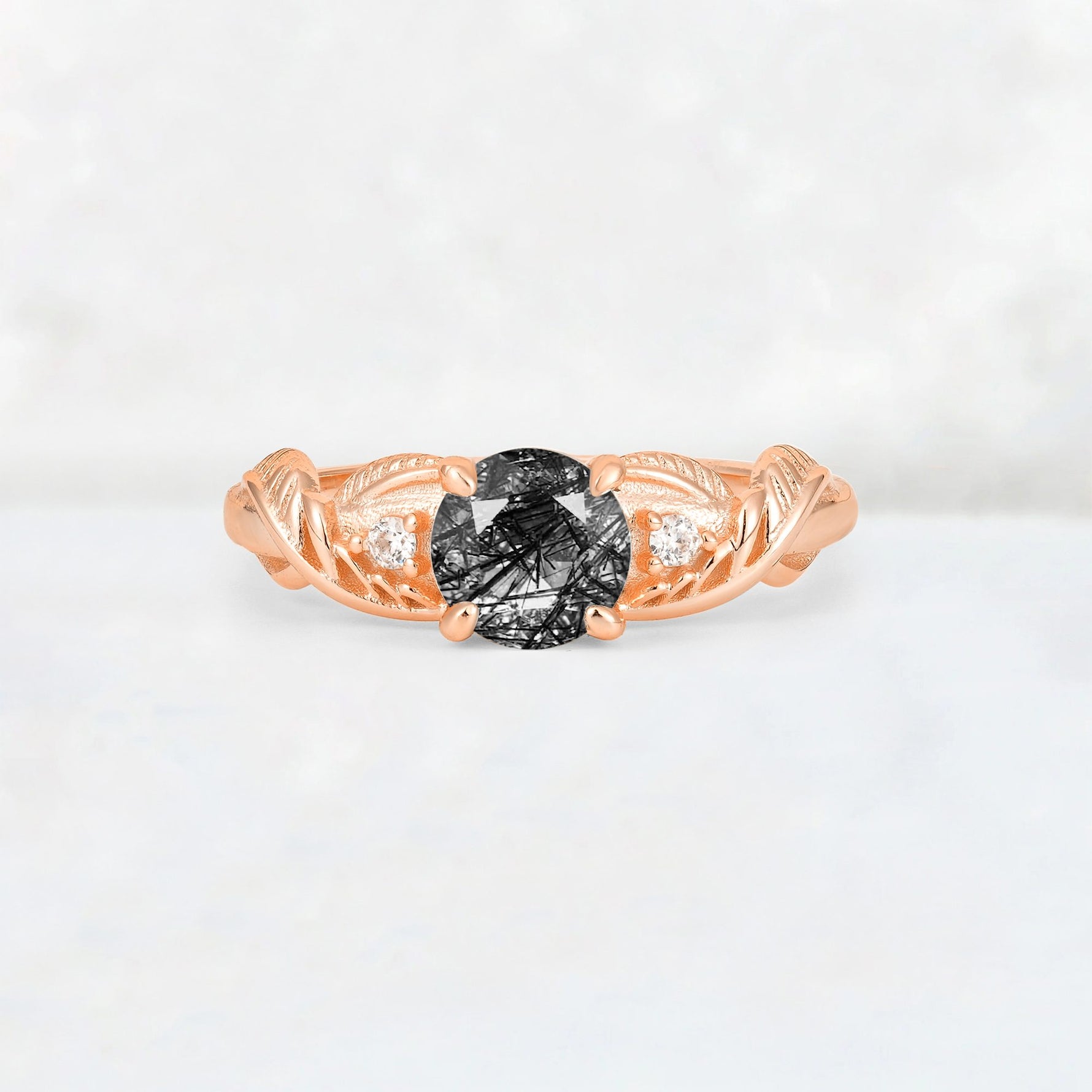 Round Cut Black Rutilated Quartz Leaf Vine Twist Engagement Ring - Additional view