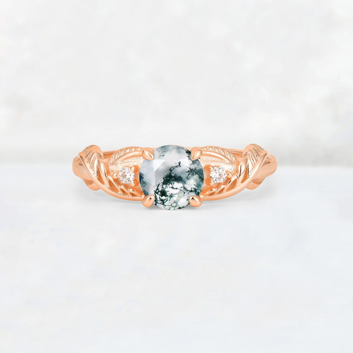 Round Cut Moss Agate Leaf Vine Twist Engagement Ring - Additional view