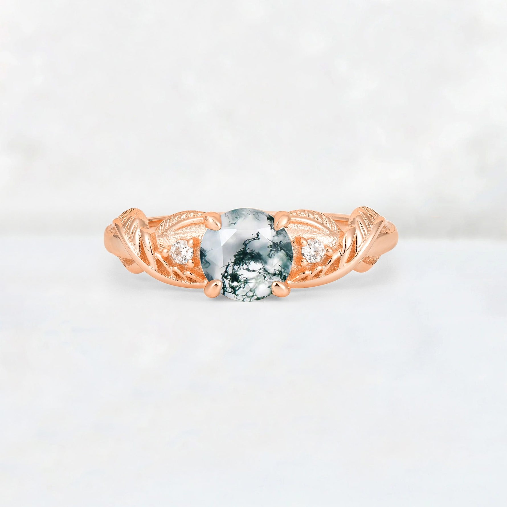 Round Cut Moss Agate Leaf Vine Twist Engagement Ring - Additional view