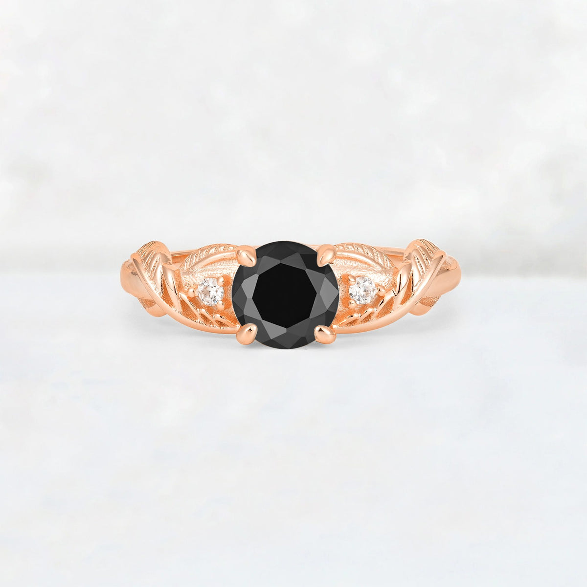 Round Cut Black Onyx Leaf Vine Twist Engagement Ring - Additional view
