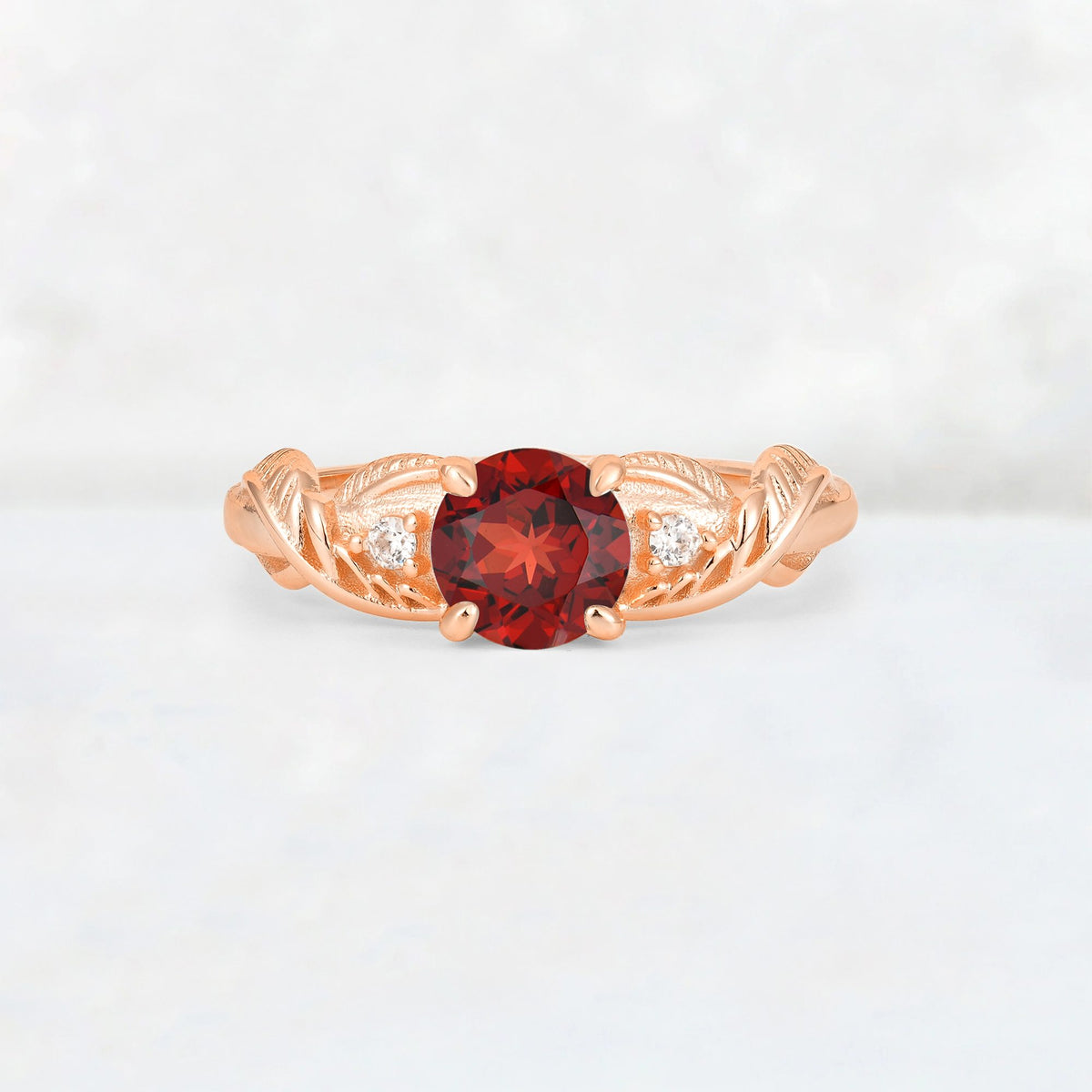 Round Cut Garnet Leaf Vine Twist Engagement Ring - Additional view