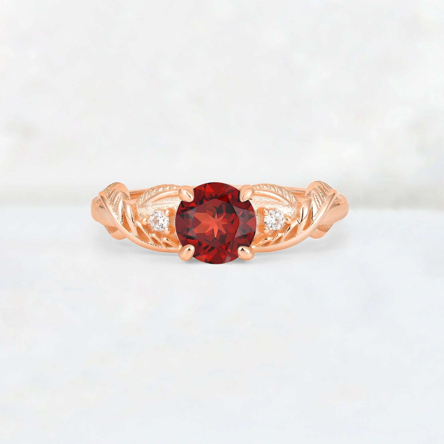 Round Cut Garnet Leaf Vine Twist Engagement Ring - Additional view