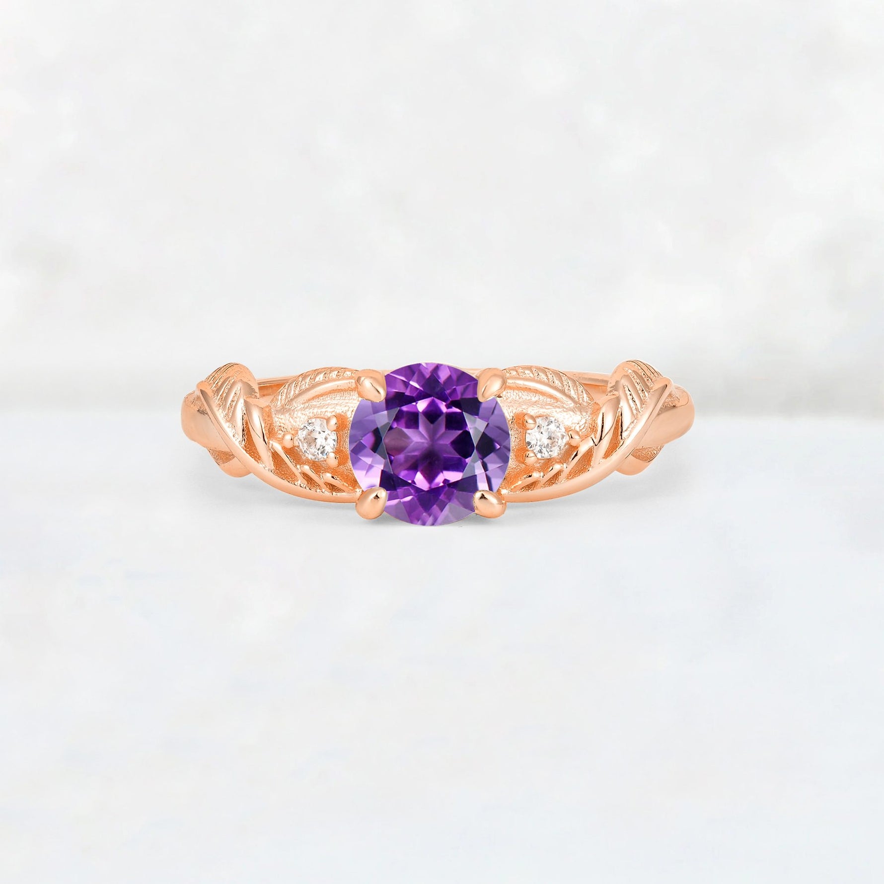 Round Cut Amethyst Leaf Vine Twist Engagement Ring - Additional view