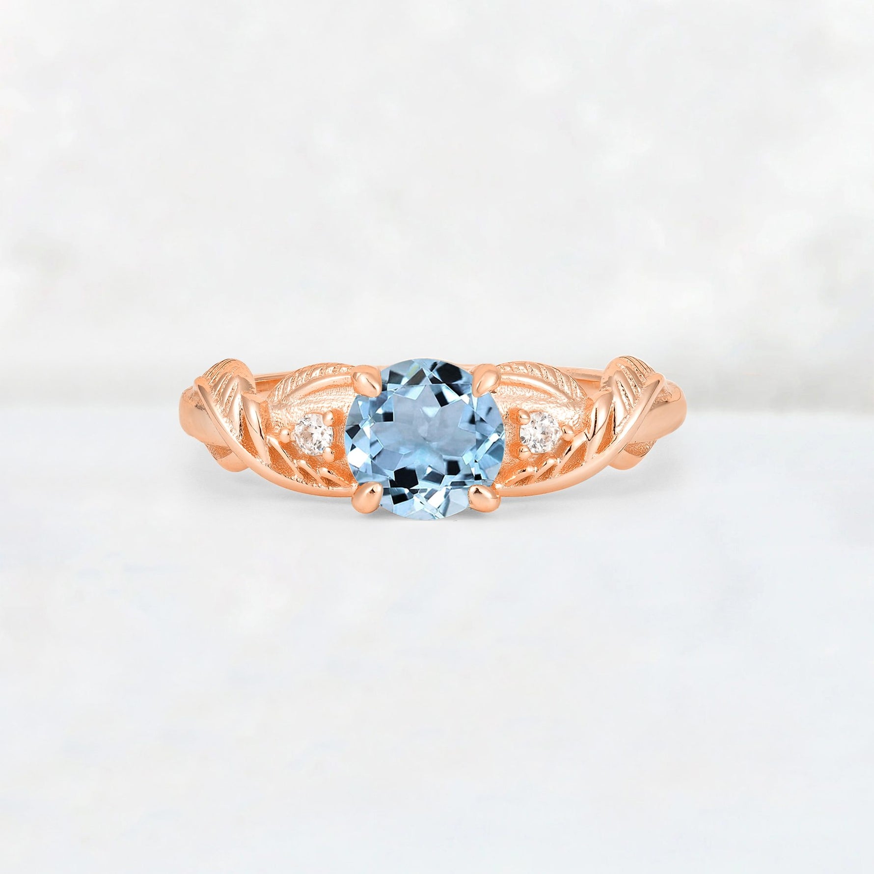 Round Cut Aquamarine Leaf Vine Twist Engagement Ring - Additional view