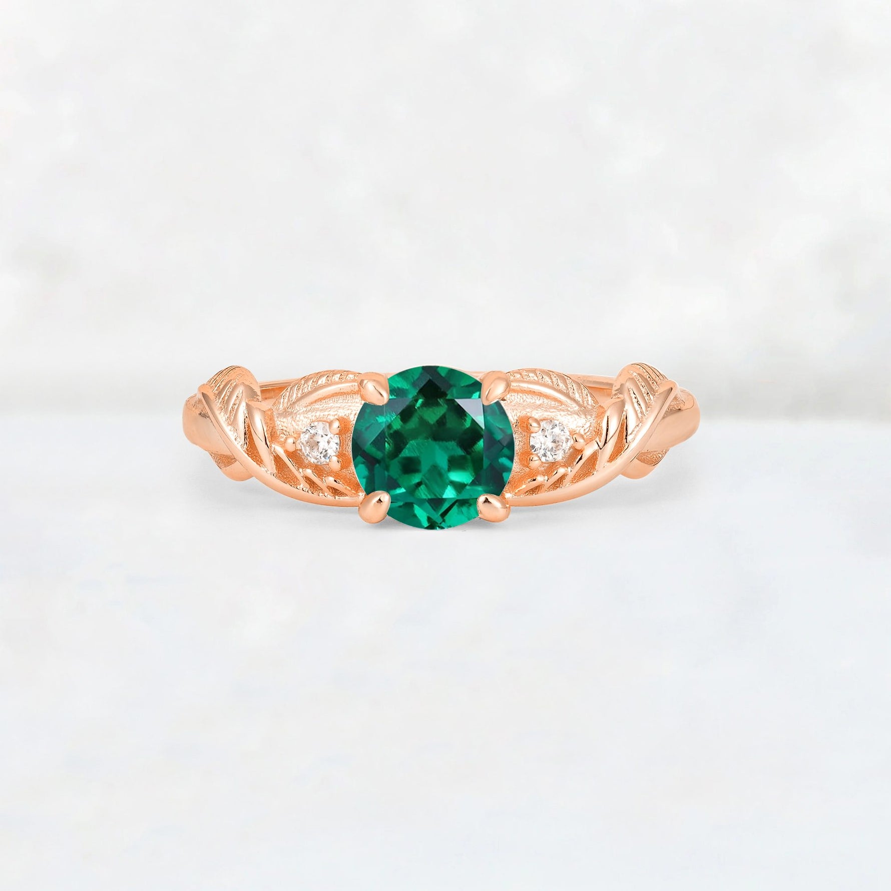 Round Cut Emerald Leaf Vine Twist Engagement Ring - Additional view
