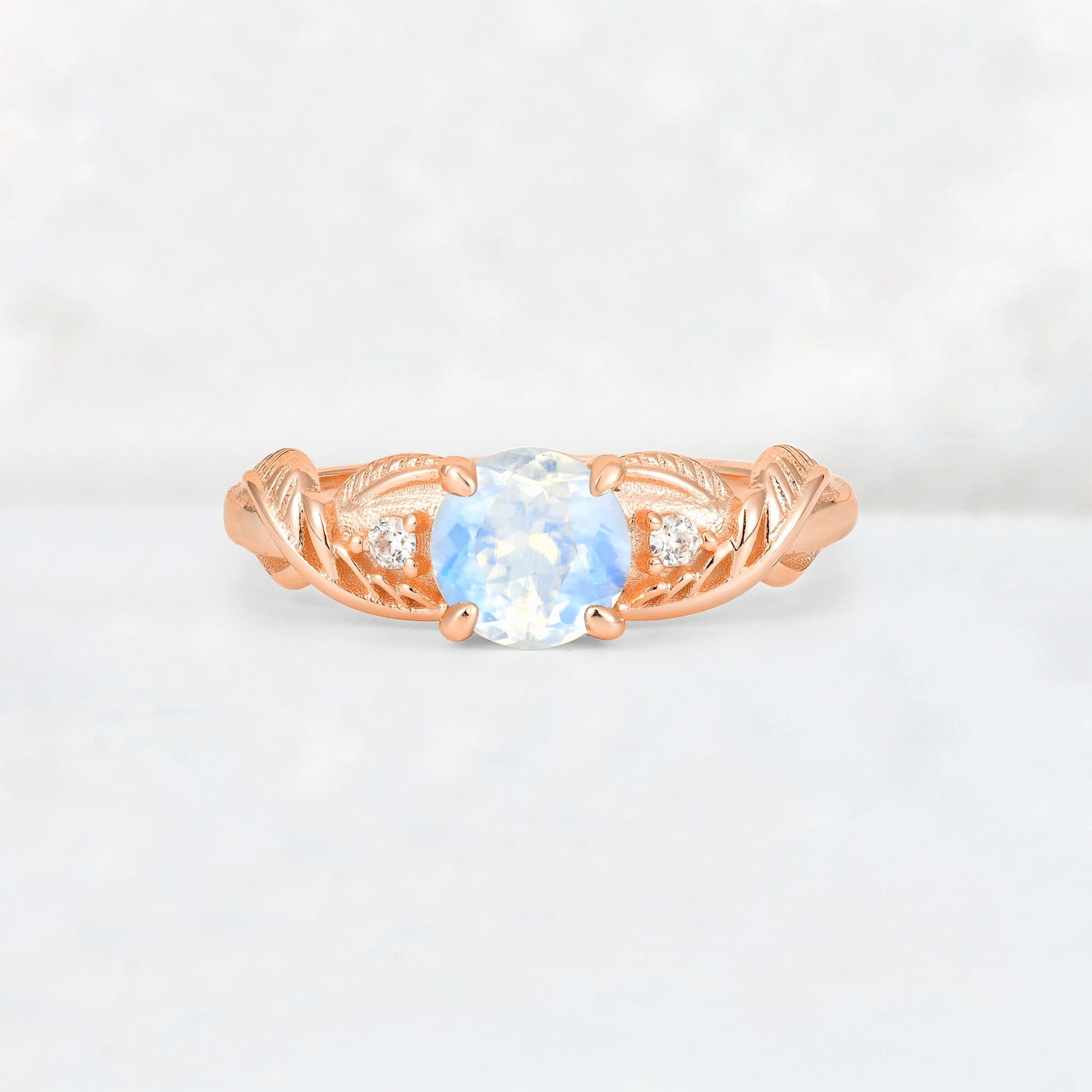 Round Cut Moonstone Leaf Vine Twist Engagement Ring - Additional view