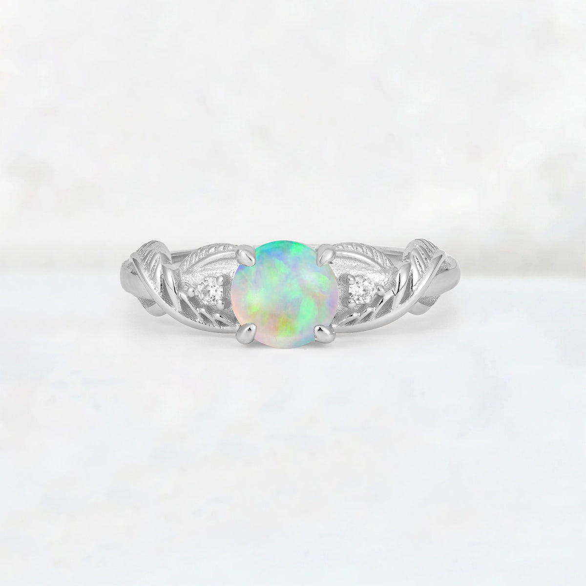 Round Cut Fire Opal Leaf Vine Twist Engagement Ring - Additional view