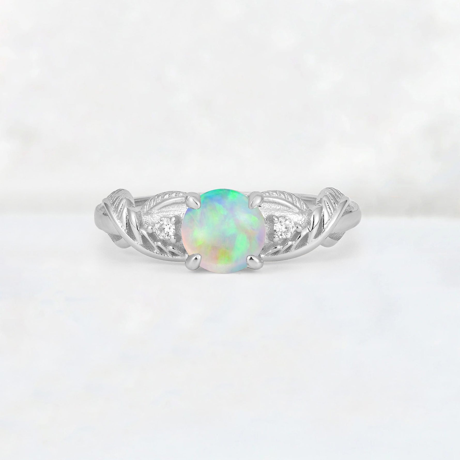 Round Cut Fire Opal Leaf Vine Twist Engagement Ring - Additional view