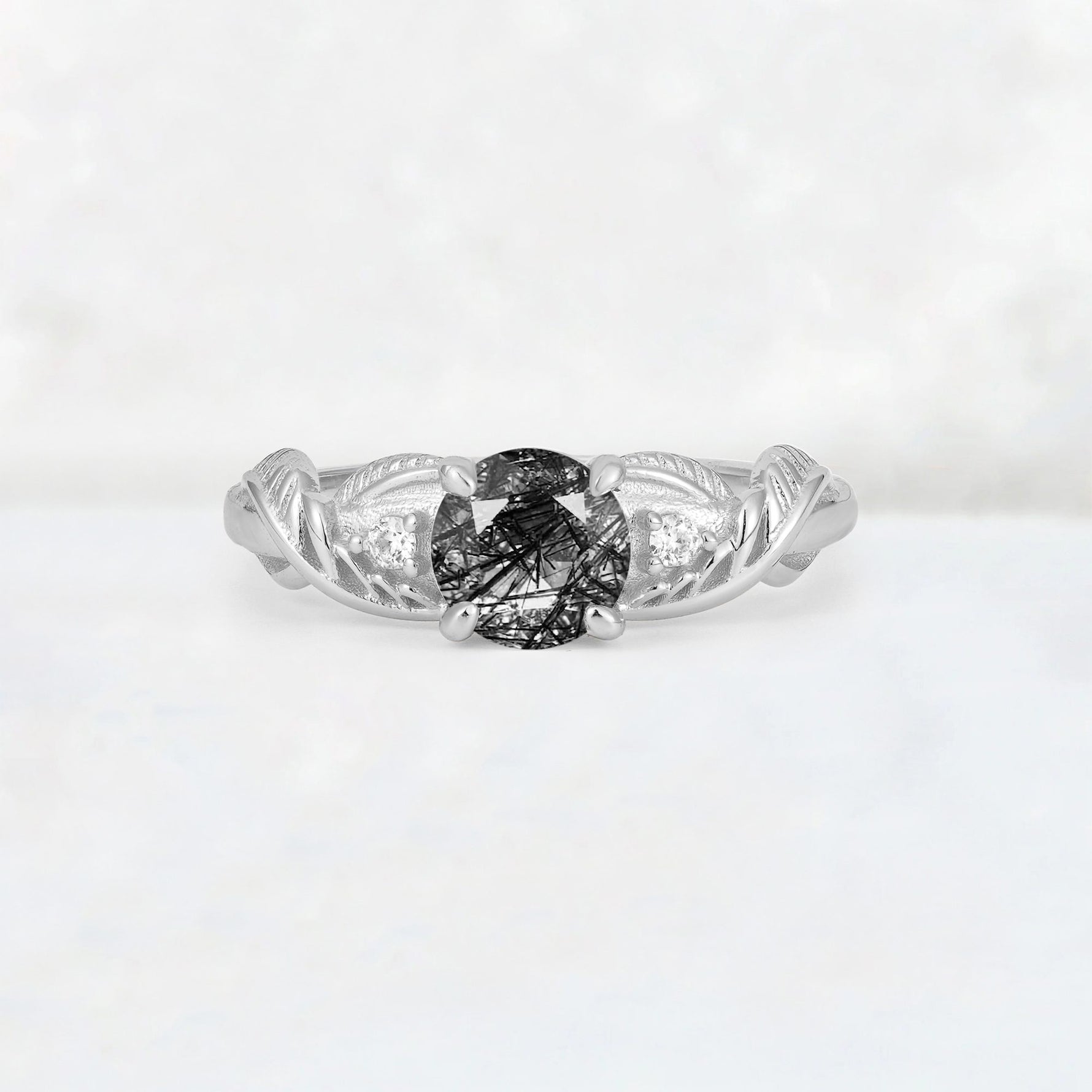 Round Cut Black Rutilated Quartz Leaf Vine Twist Engagement Ring - Additional view
