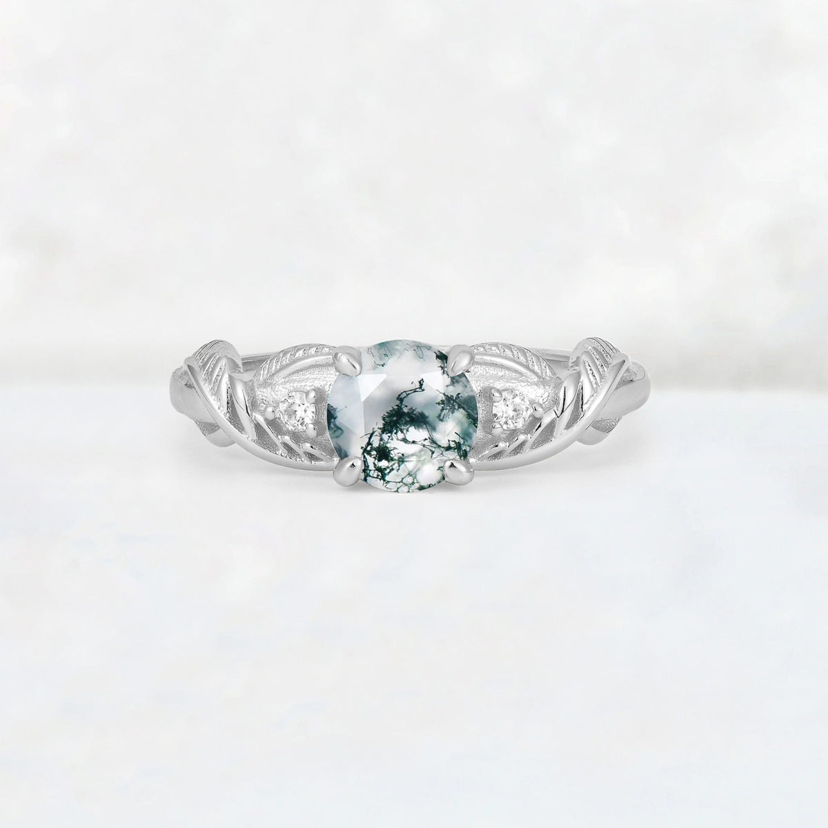 Round Cut Moss Agate Leaf Vine Twist Engagement Ring - Additional view