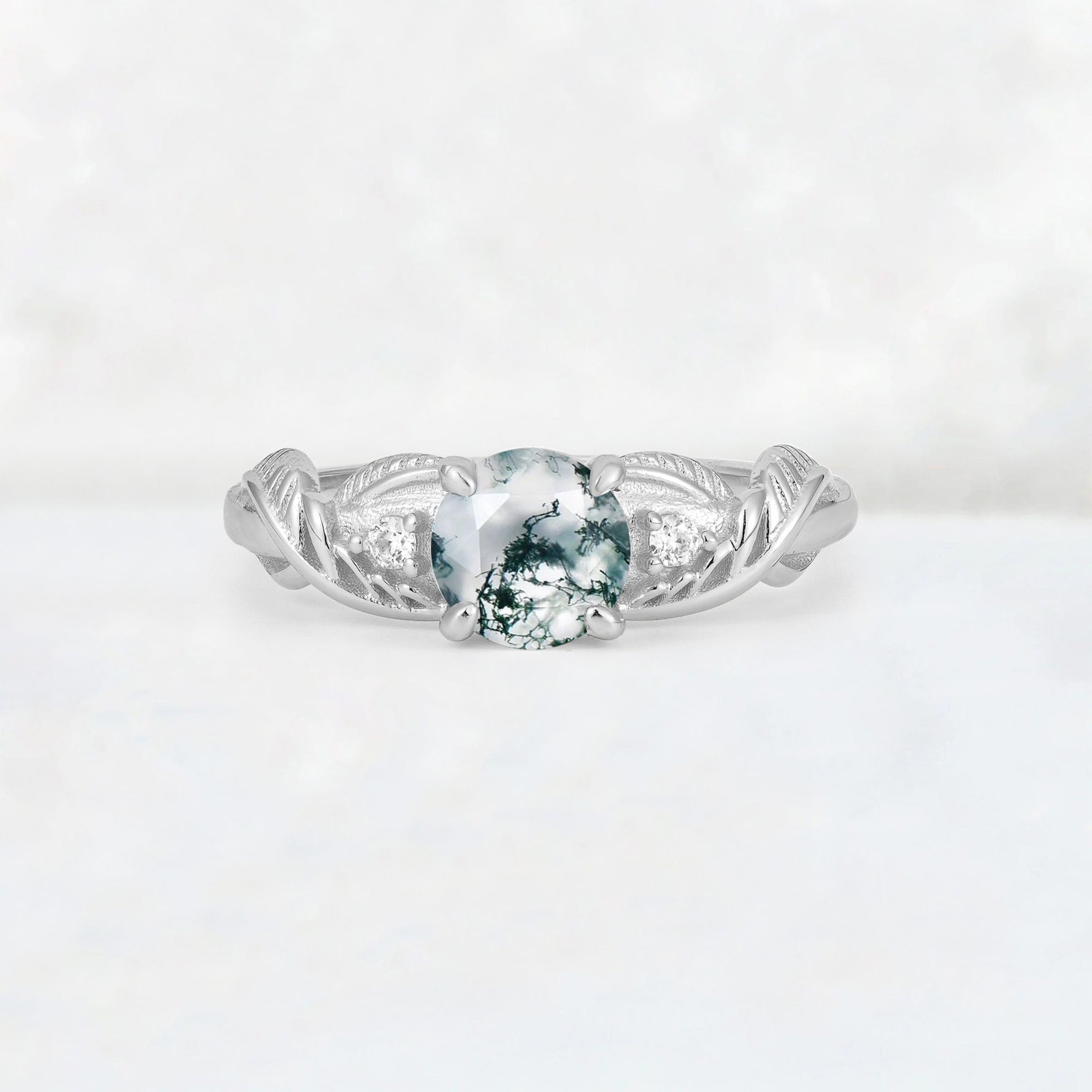 Round Cut Moss Agate Leaf Vine Twist Engagement Ring - Additional view