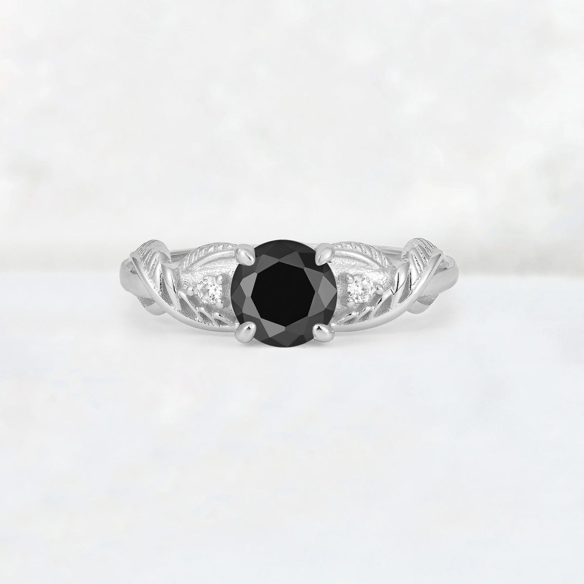 Round Cut Black Onyx Leaf Vine Twist Engagement Ring - Additional view