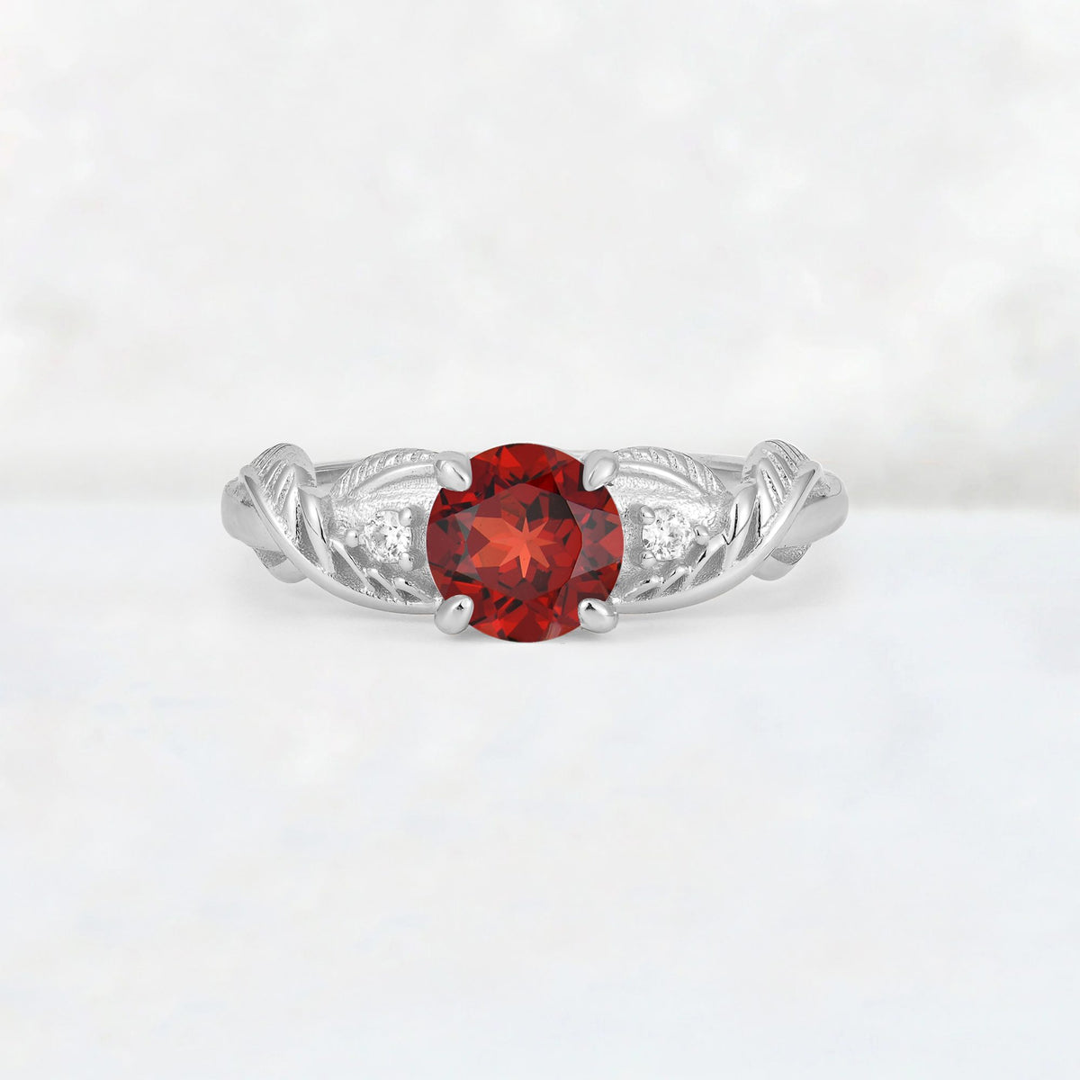 Round Cut Garnet Leaf Vine Twist Engagement Ring - Additional view