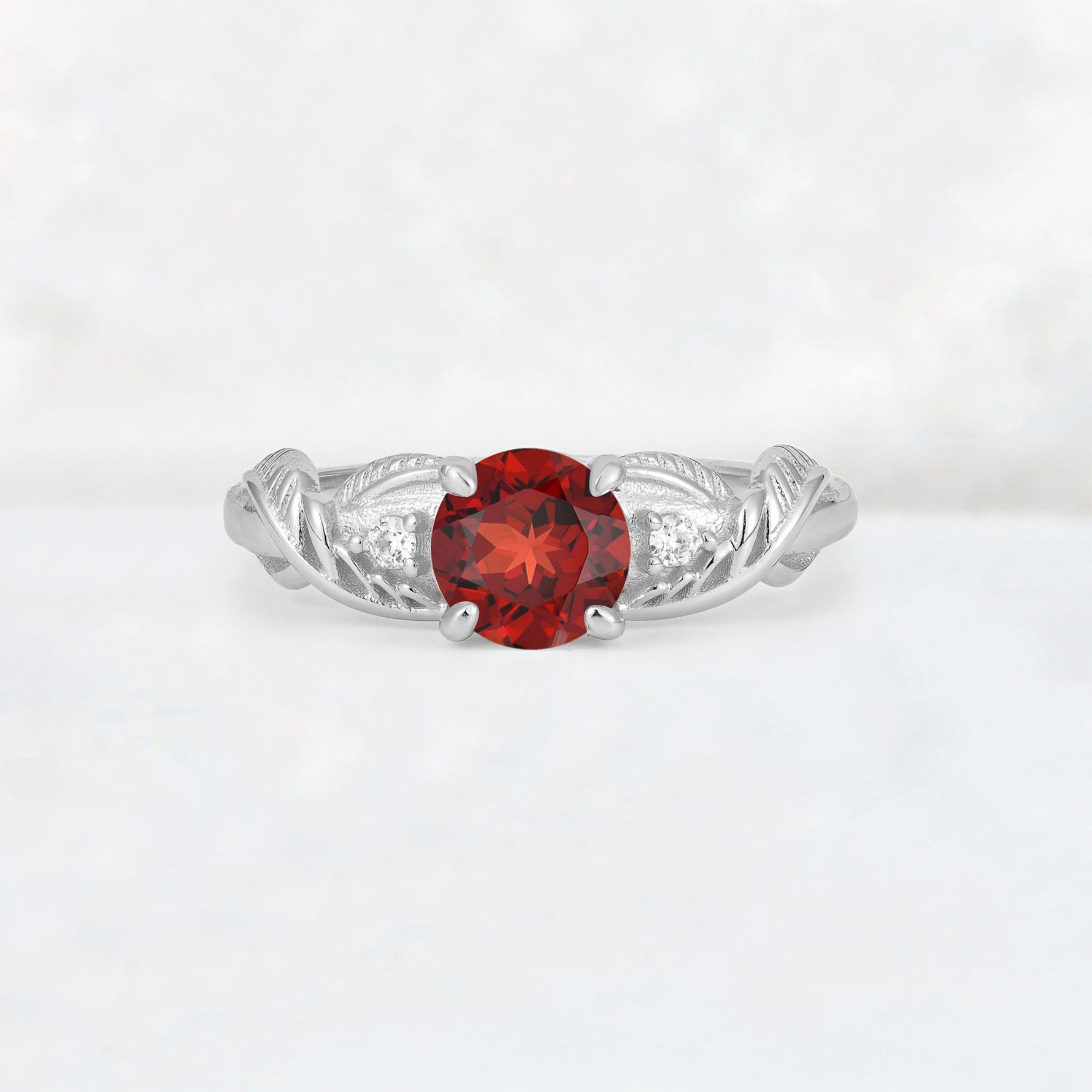 Round Cut Garnet Leaf Vine Twist Engagement Ring - Additional view