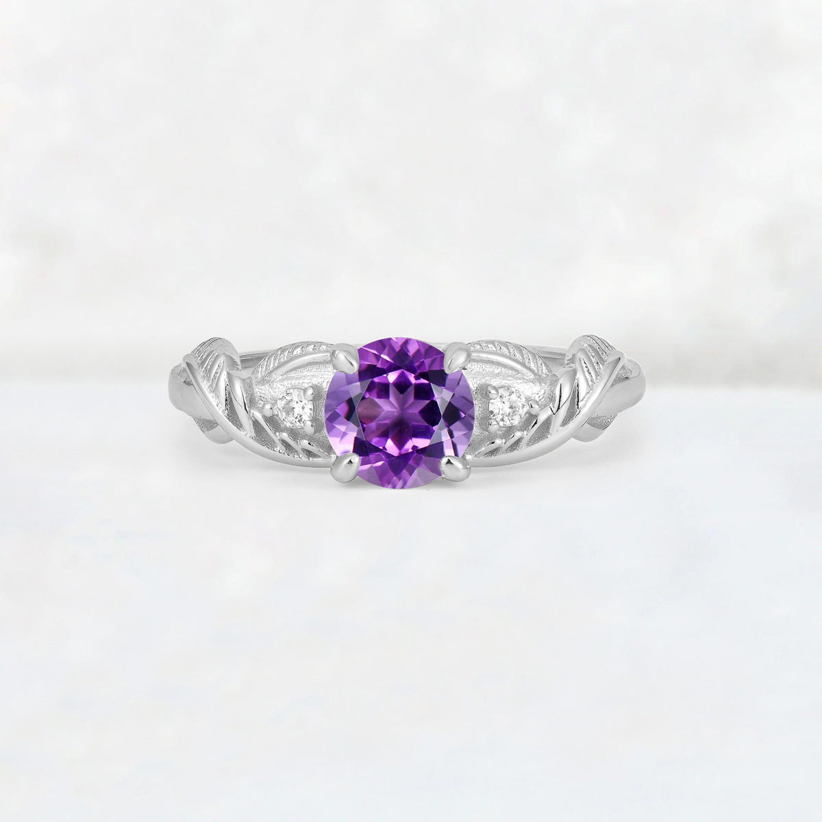 Round Cut Amethyst Leaf Vine Twist Engagement Ring - Additional view