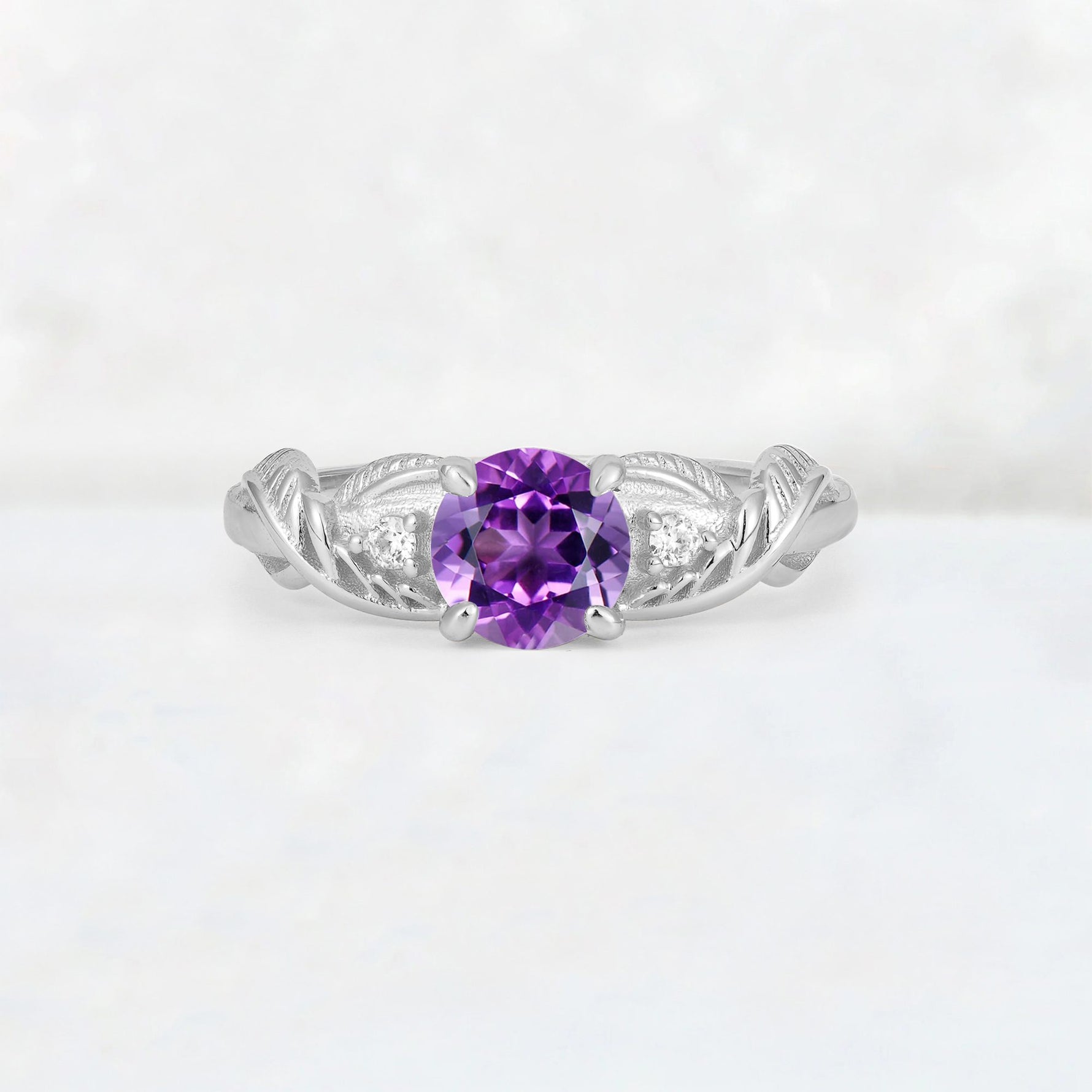 Round Cut Amethyst Leaf Vine Twist Engagement Ring - Additional view
