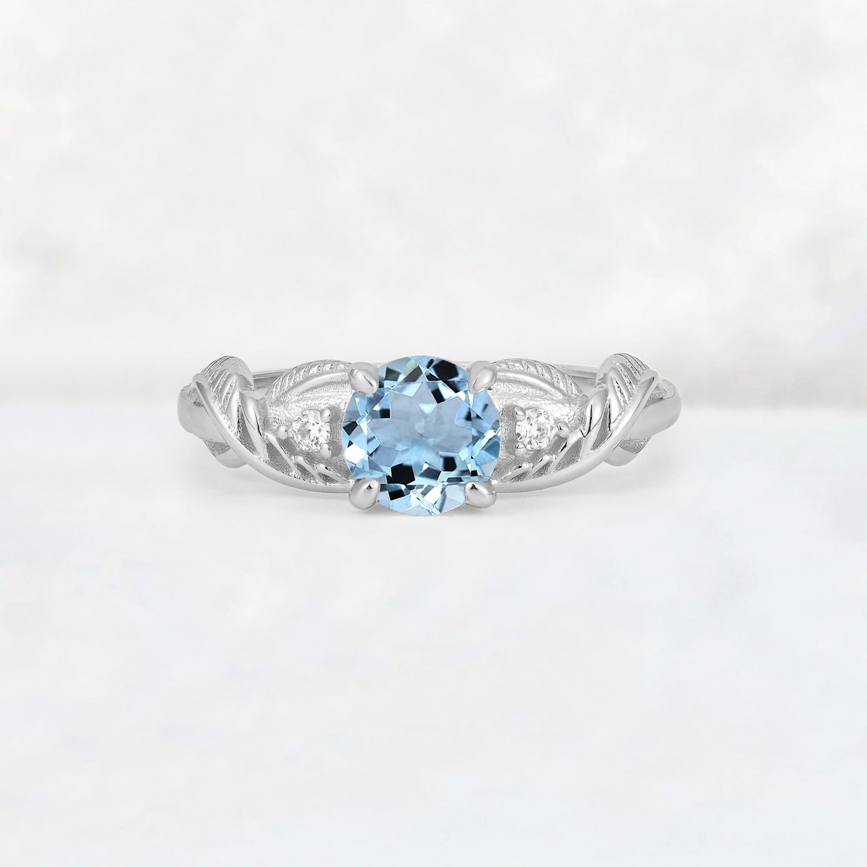 Round Cut Aquamarine Leaf Vine Twist Engagement Ring - Additional view