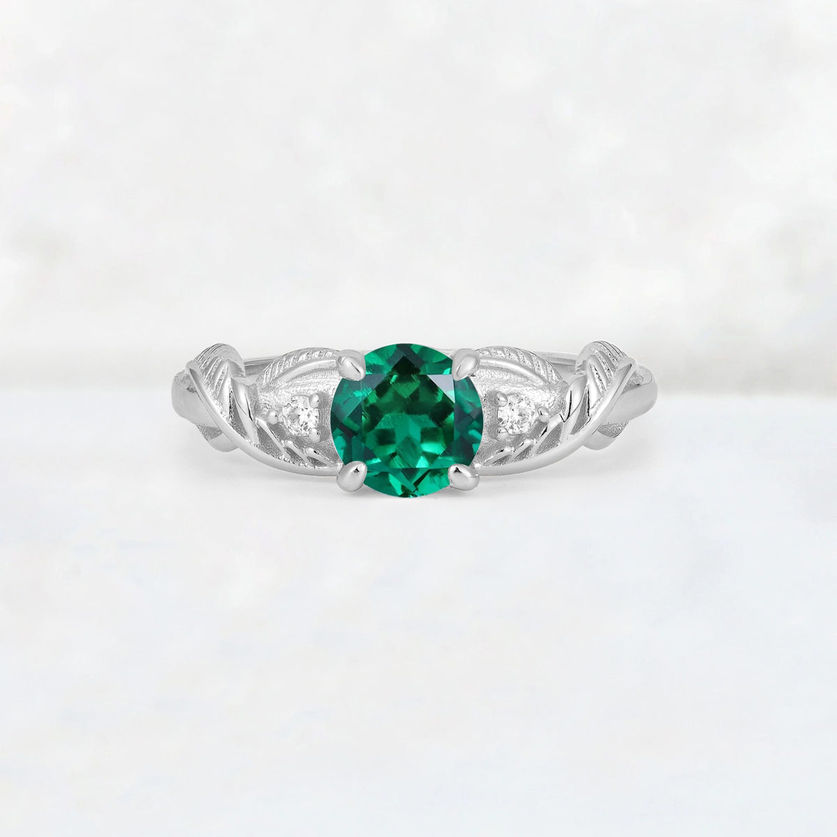 Round Cut Emerald Leaf Vine Twist Engagement Ring - Additional view