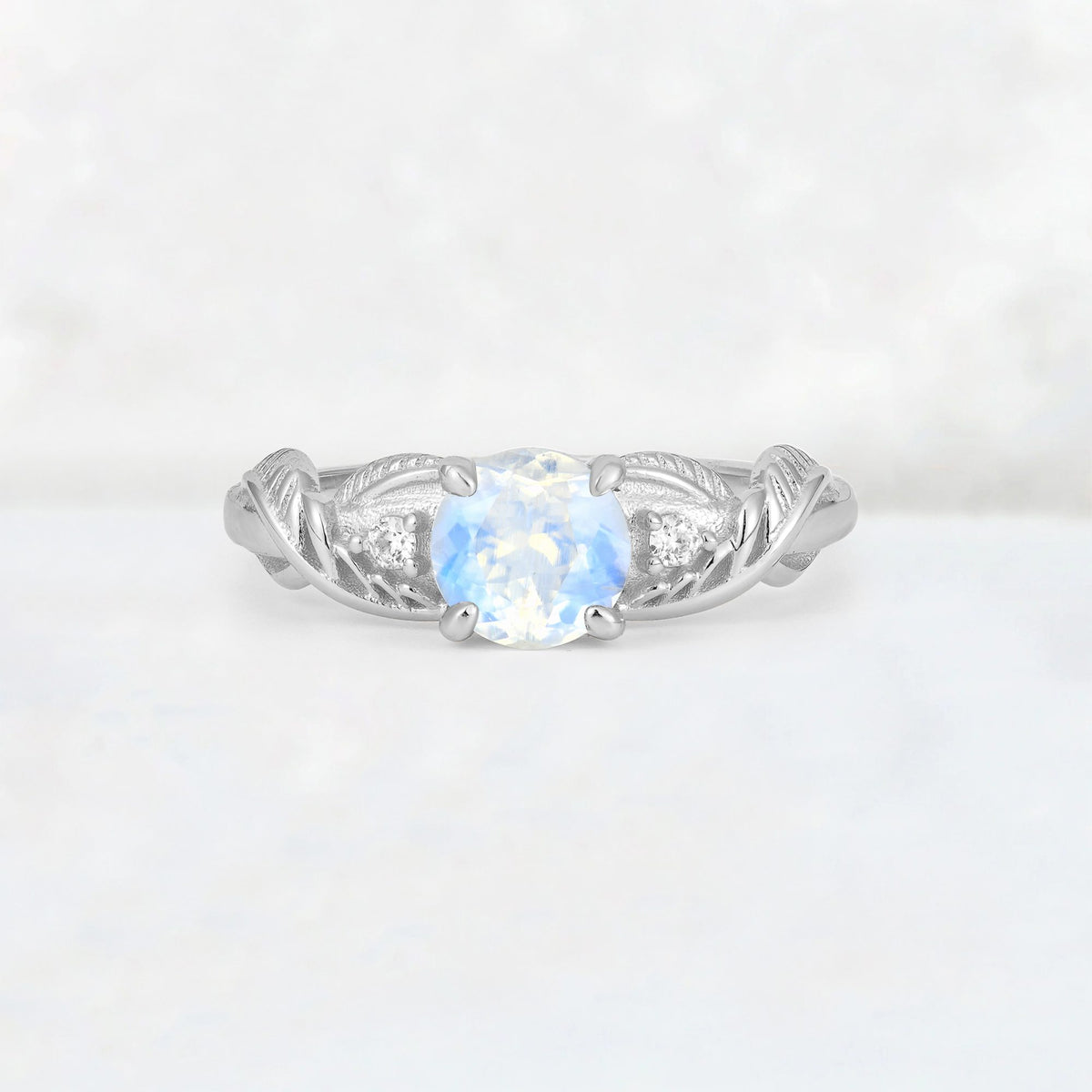 Round Cut Moonstone Leaf Vine Twist Engagement Ring - Additional view