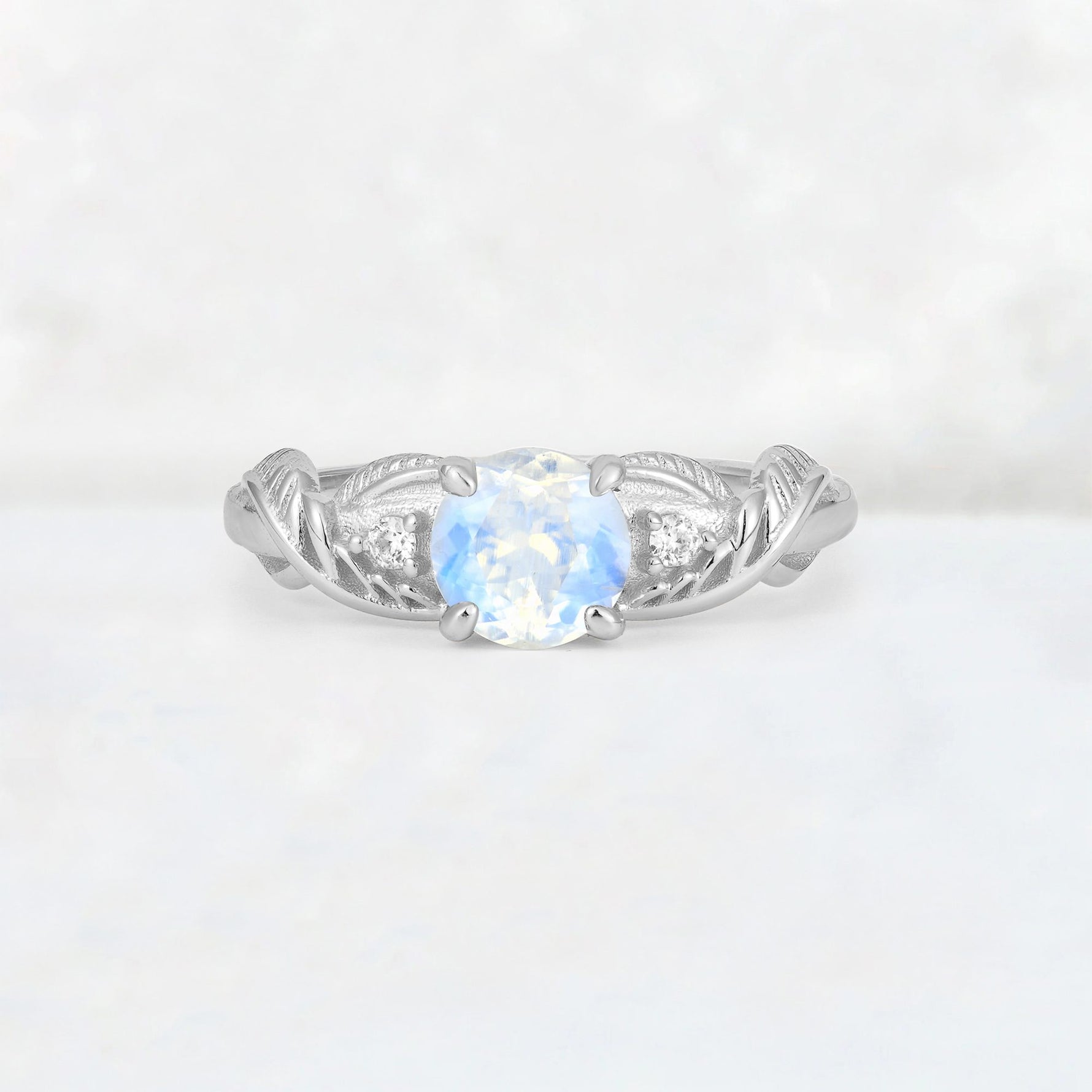 Round Cut Moonstone Leaf Vine Twist Engagement Ring - Additional view