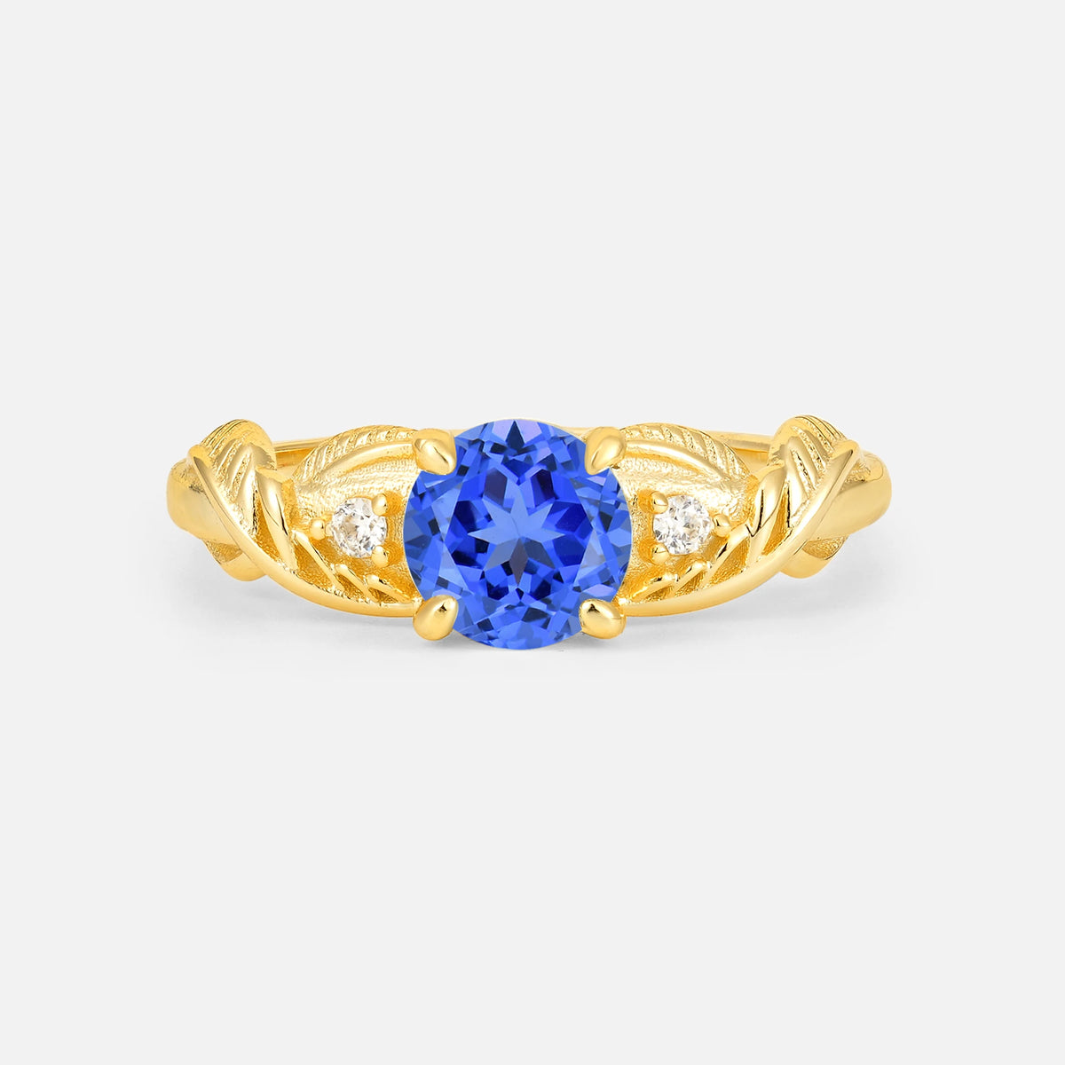 Round Cut Sapphire Leaf Vine Twist Engagement Ring