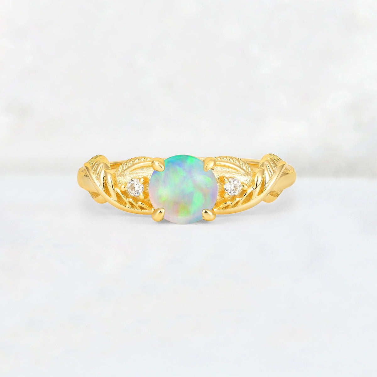 Round Cut Fire Opal Leaf Vine Twist Engagement Ring - Additional view