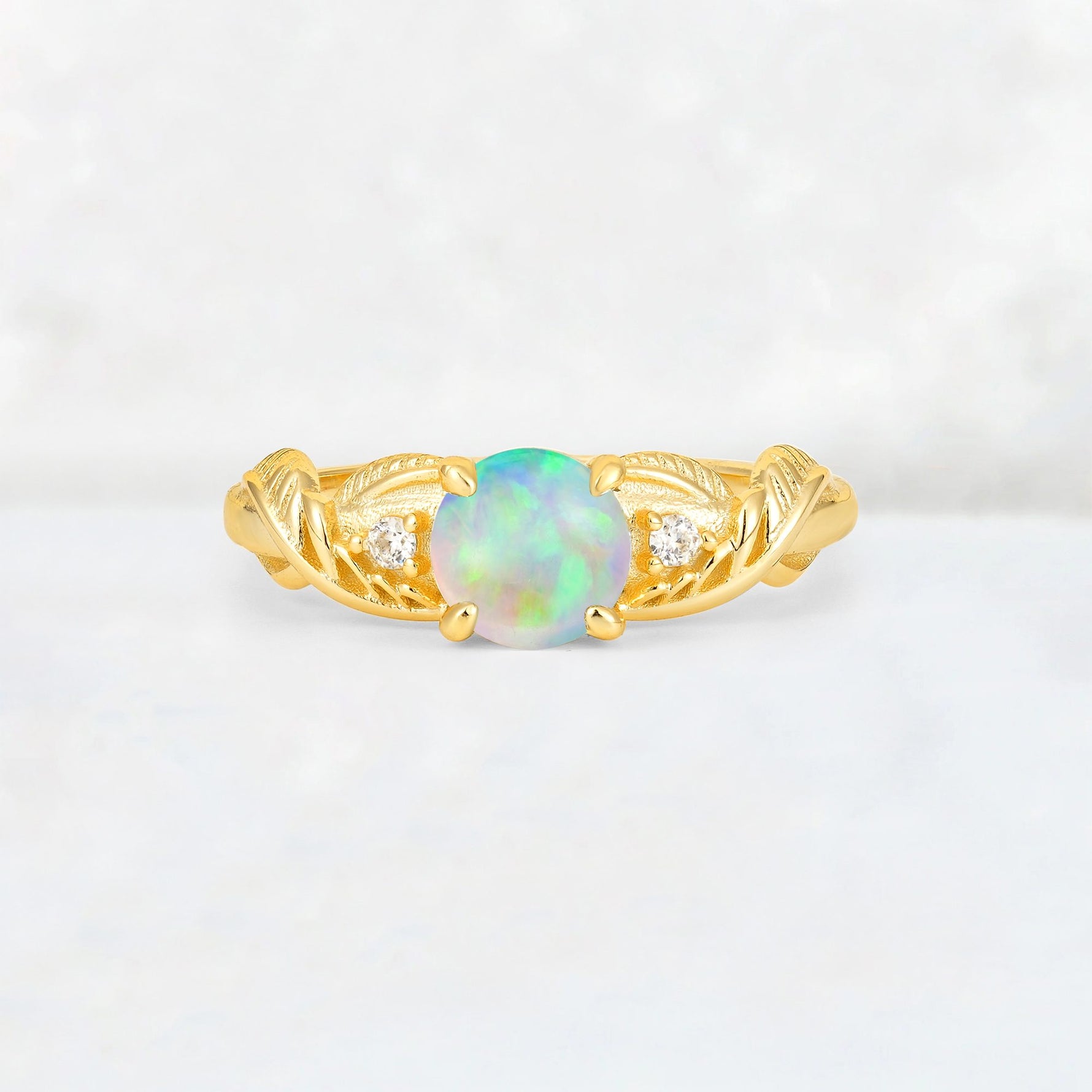 Round Cut Fire Opal Leaf Vine Twist Engagement Ring - Additional view