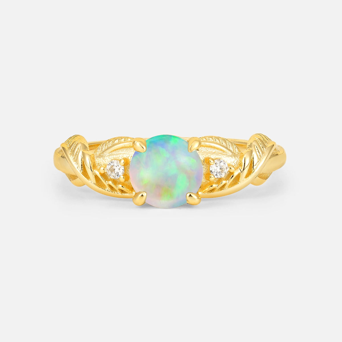 Round Cut Fire Opal Leaf Vine Twist Engagement Ring