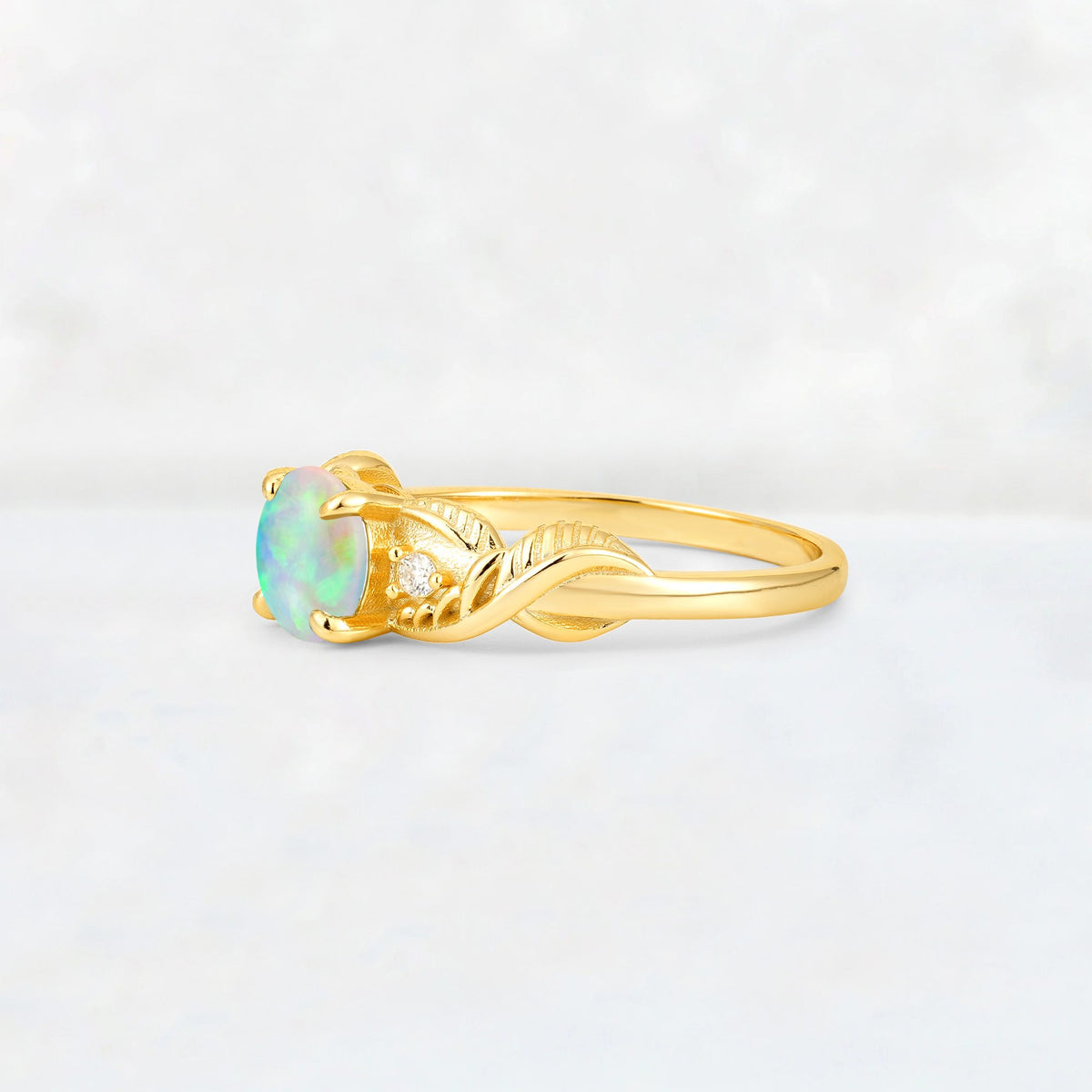 Round Cut Fire Opal Leaf Vine Twist Engagement Ring - Additional view