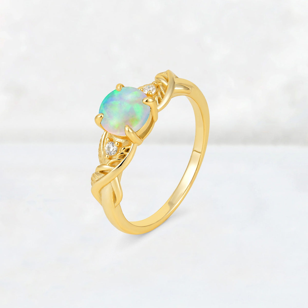 Round Cut Fire Opal Leaf Vine Twist Engagement Ring - Additional view