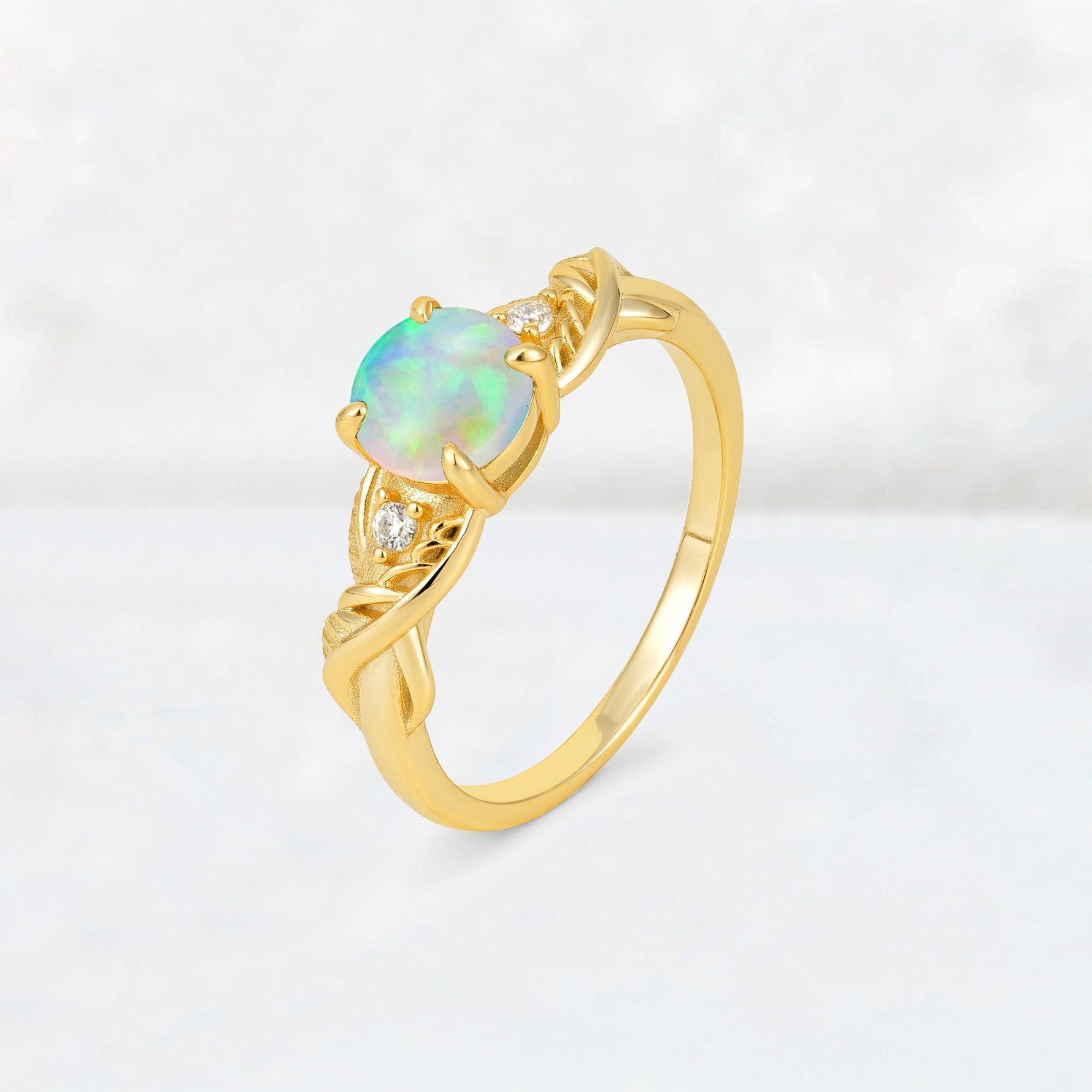 Round Cut Fire Opal Leaf Vine Twist Engagement Ring - Additional view