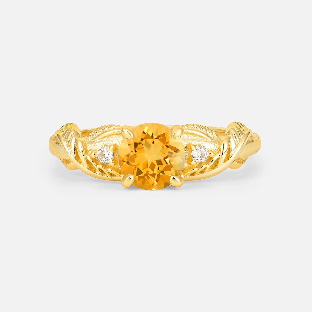 Round Cut Citrine Leaf Vine Twist Engagement Ring