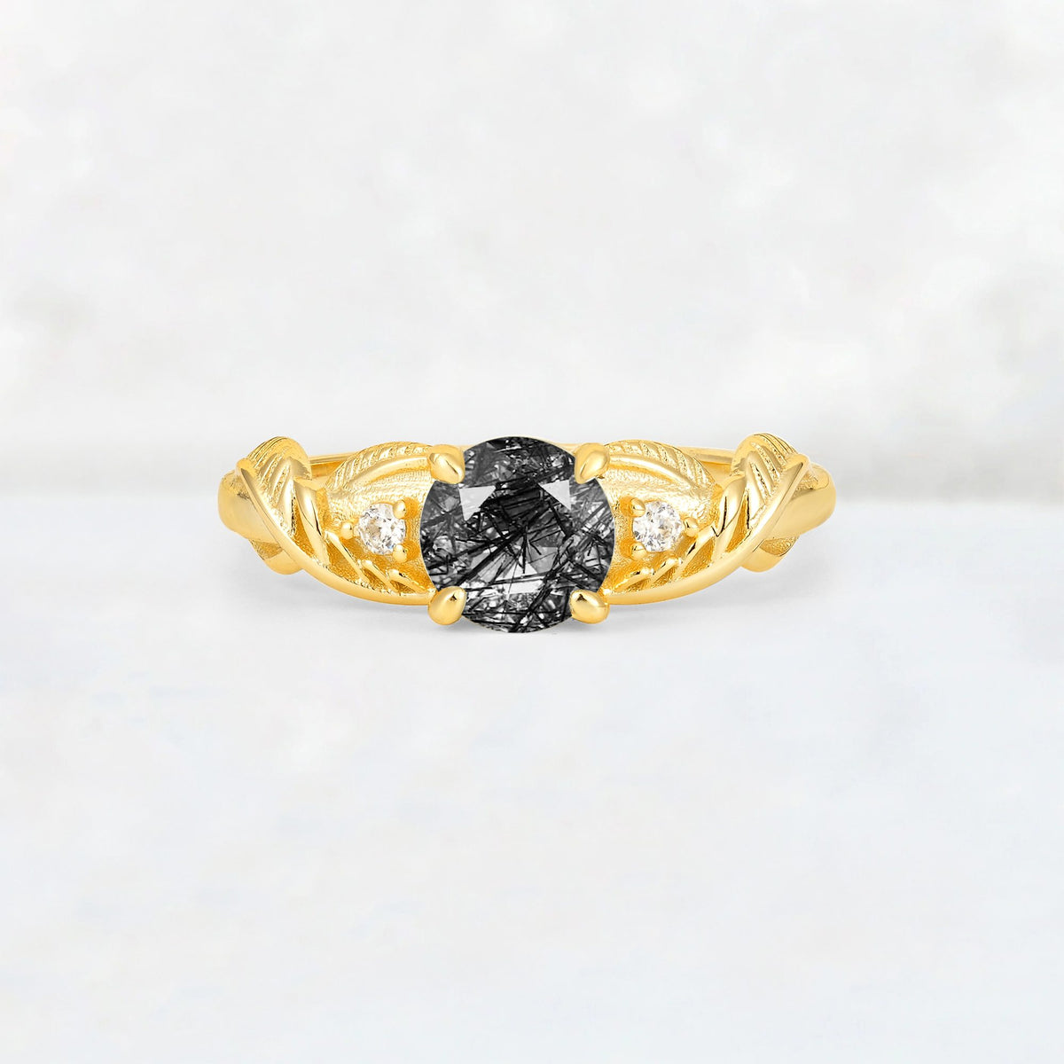 Round Cut Black Rutilated Quartz Leaf Vine Twist Engagement Ring - Additional view