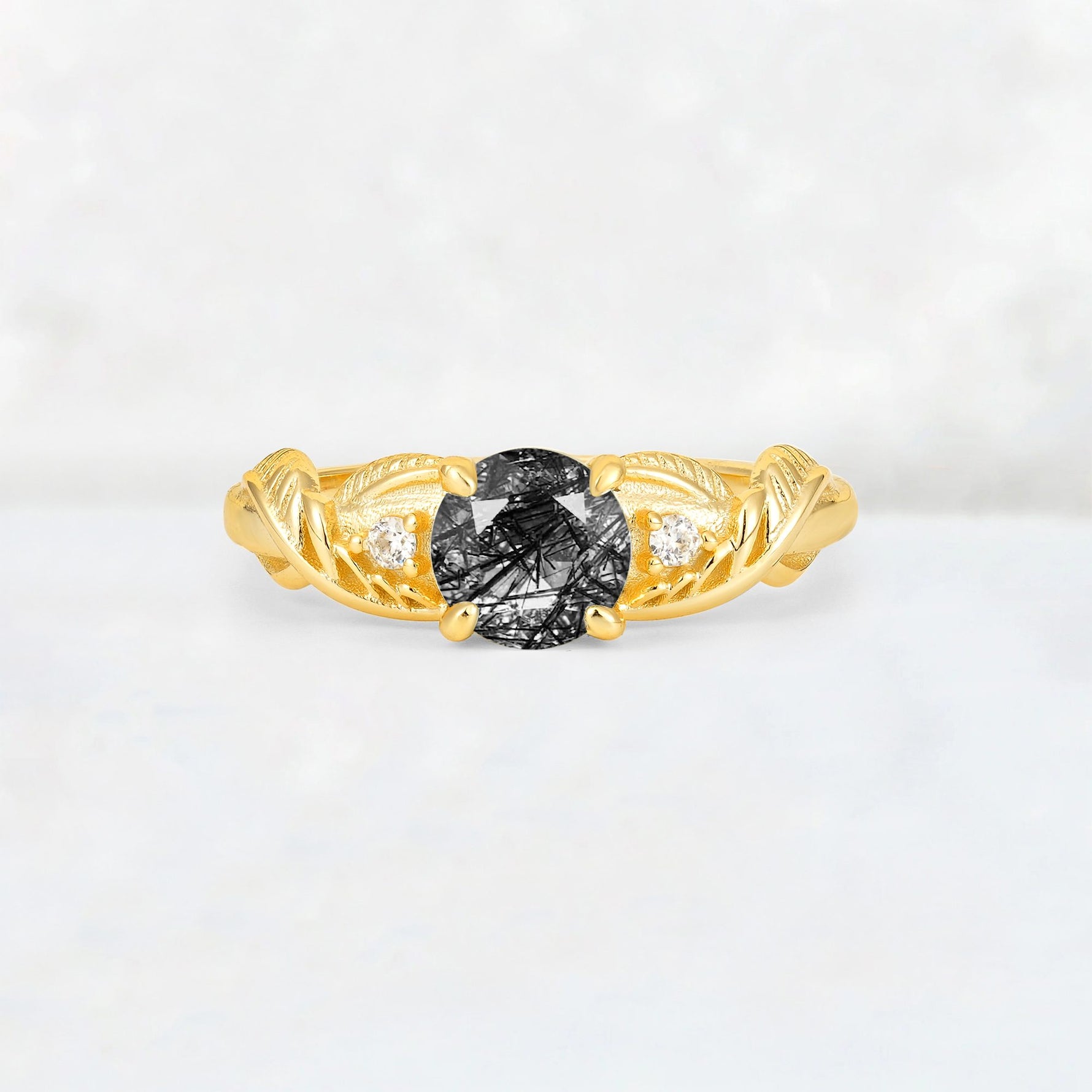 Round Cut Black Rutilated Quartz Leaf Vine Twist Engagement Ring - Additional view