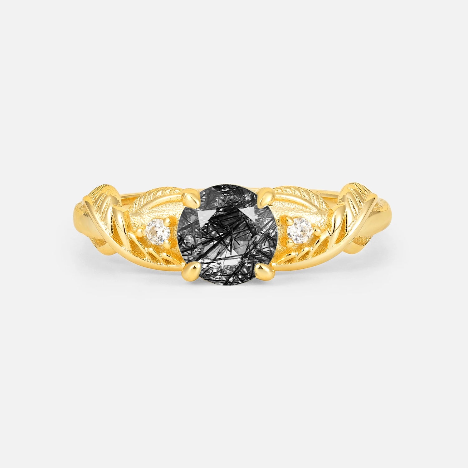 Round Cut Black Rutilated Quartz Leaf Vine Twist Engagement Ring