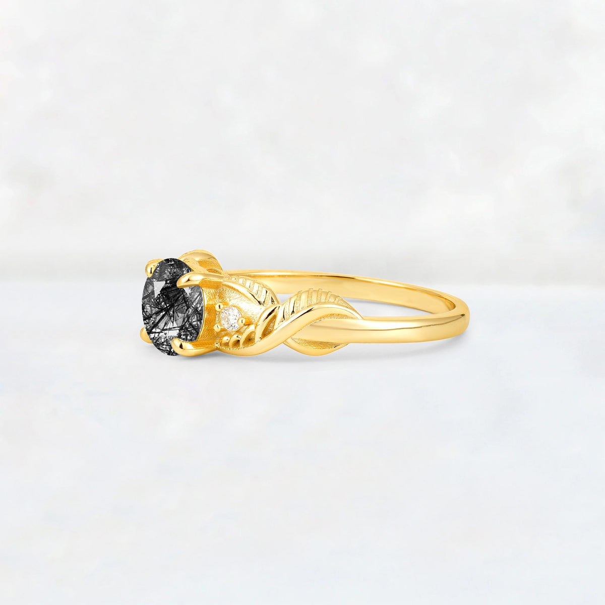 Round Cut Black Rutilated Quartz Leaf Vine Twist Engagement Ring - Additional view