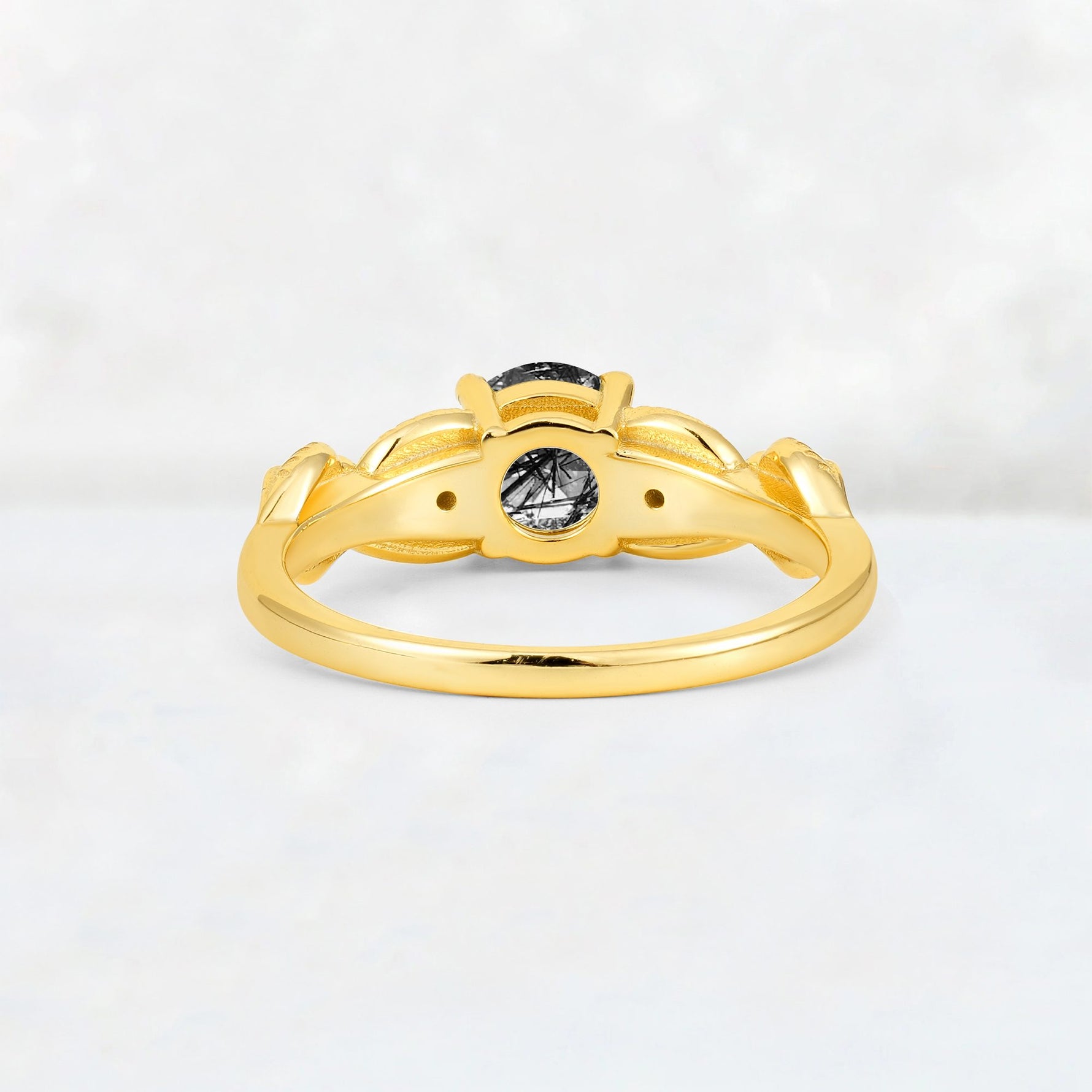 Round Cut Black Rutilated Quartz Leaf Vine Twist Engagement Ring - Additional view