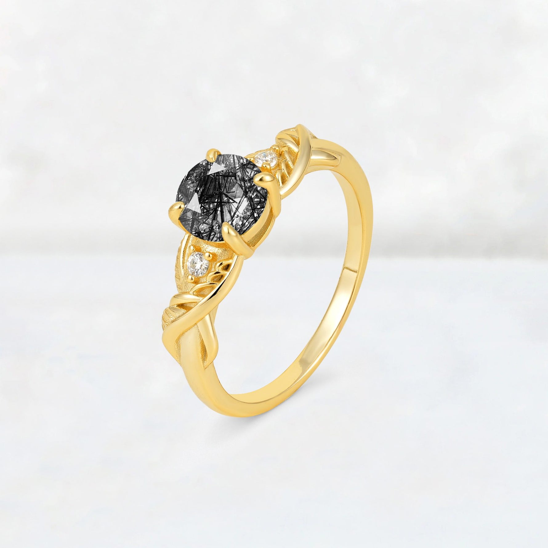 Round Cut Black Rutilated Quartz Leaf Vine Twist Engagement Ring - Additional view