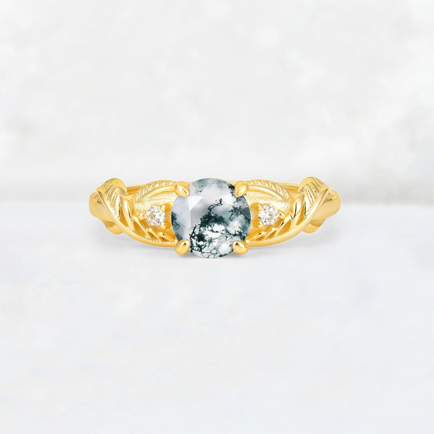 Round Cut Moss Agate Leaf Vine Twist Engagement Ring - Additional view