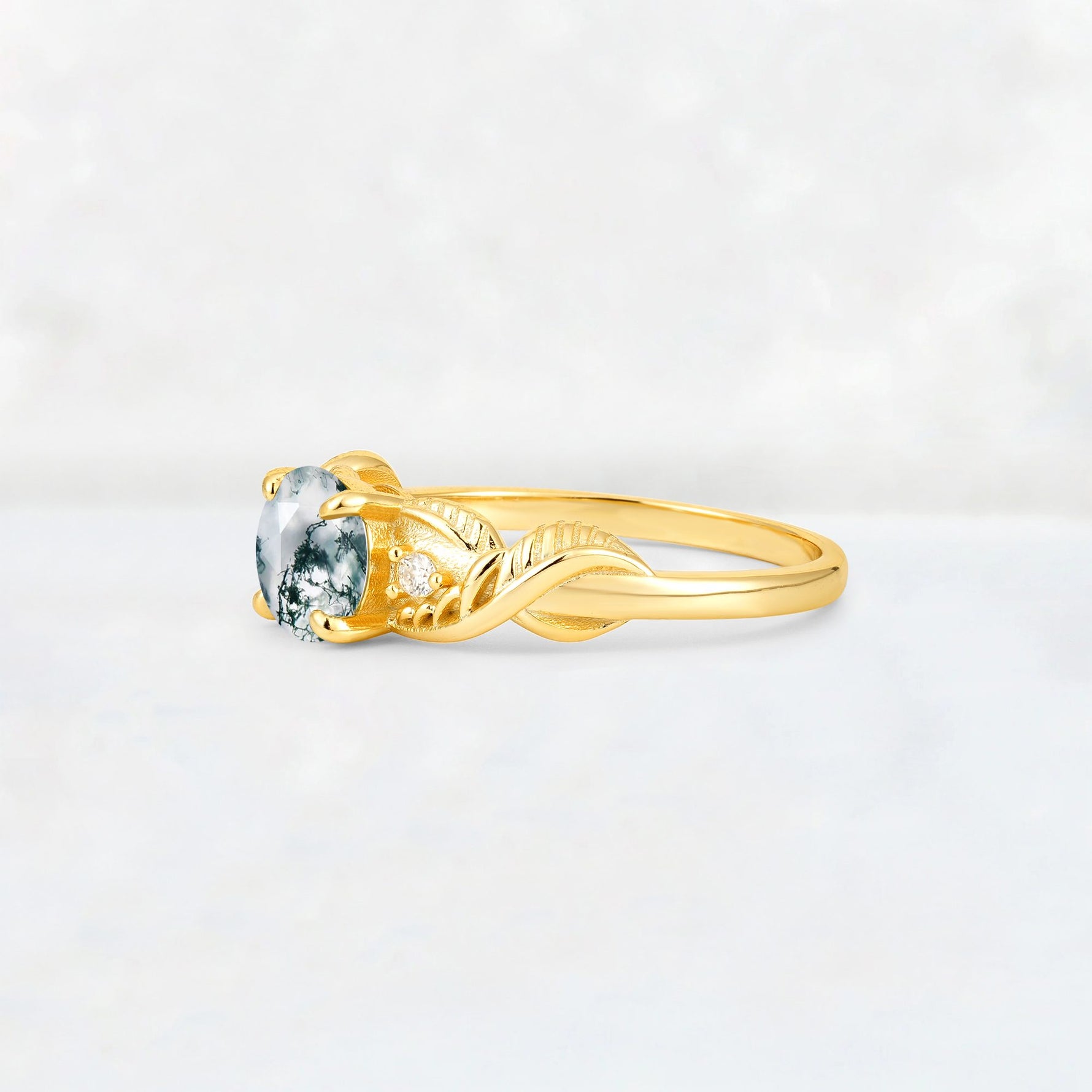 Round Cut Moss Agate Leaf Vine Twist Engagement Ring - Additional view